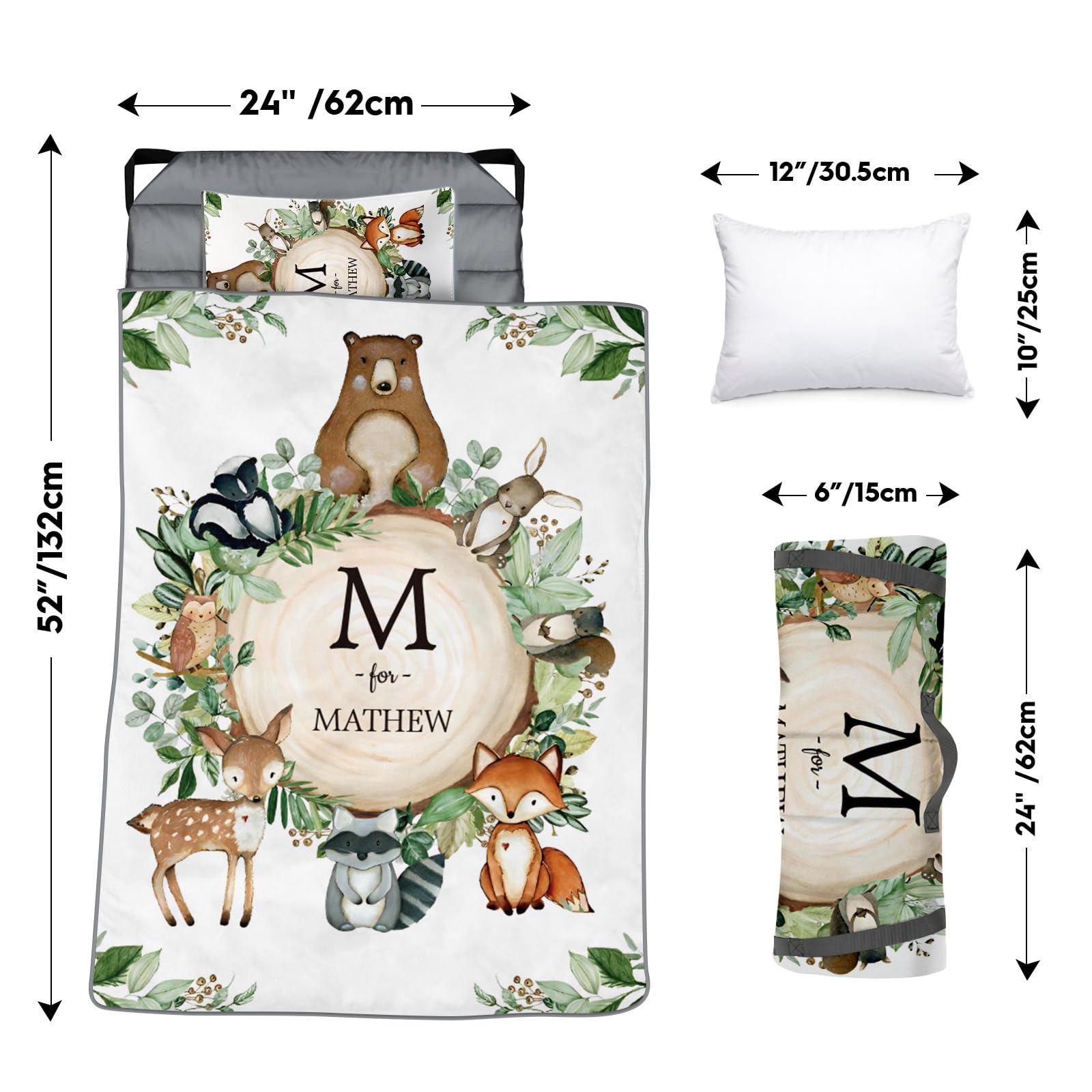 Personalized Toddler Nap Mat with Name & Animal Designs - Flannel Blanket & Removable Pillow for Boys & Girls - Perfect for Preschool, Daycare & Travel Sleeping