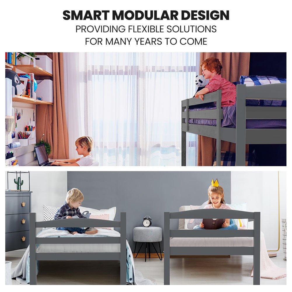 Kids Single Wooden Bunk Bed Frame with Grey Mattress - Space-Saving Twin Loft Bed for Small Rooms, Dormitory & Kids Bedroom - Sturdy Wood Construction for Safety & Comfort