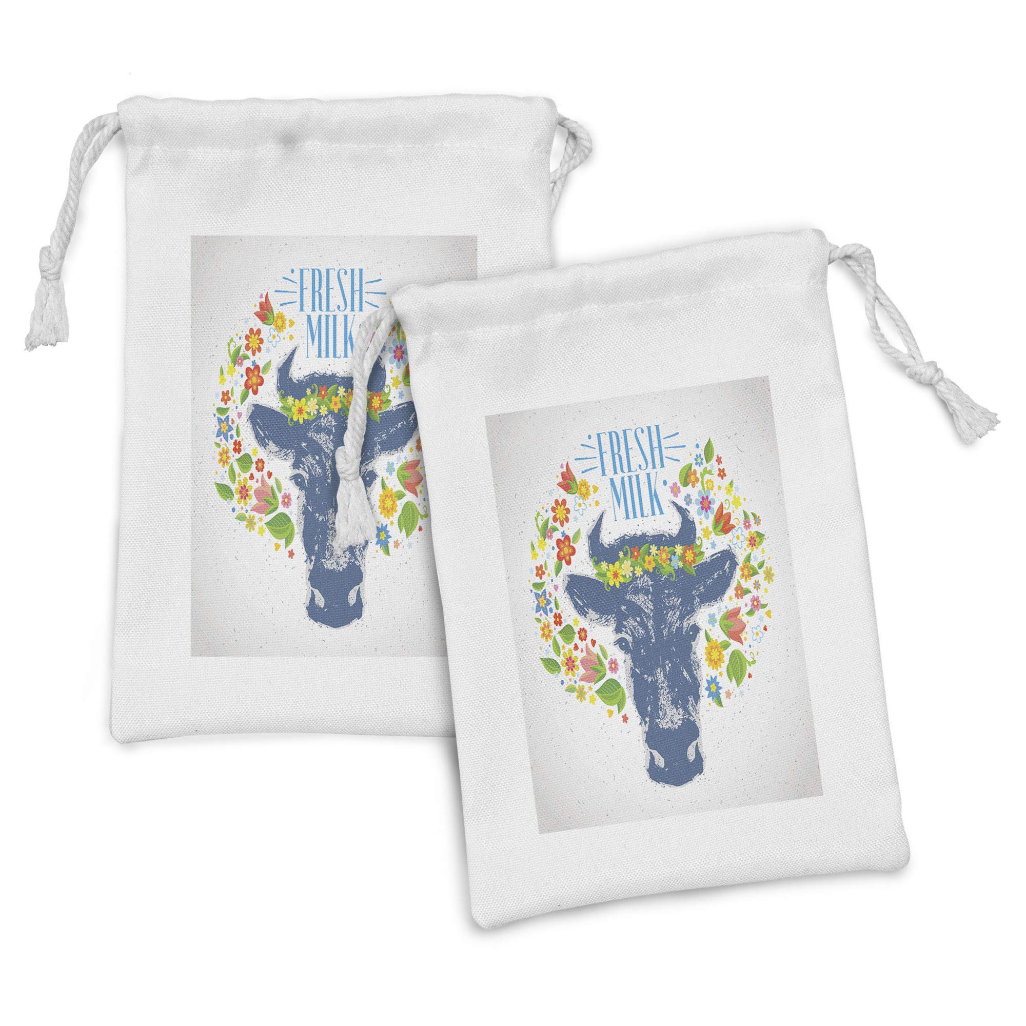 Ambesonne Rustic Fabric Pouch Set of 2 - Cow & Buffalo Wreath Floral Drawstring Bags (9