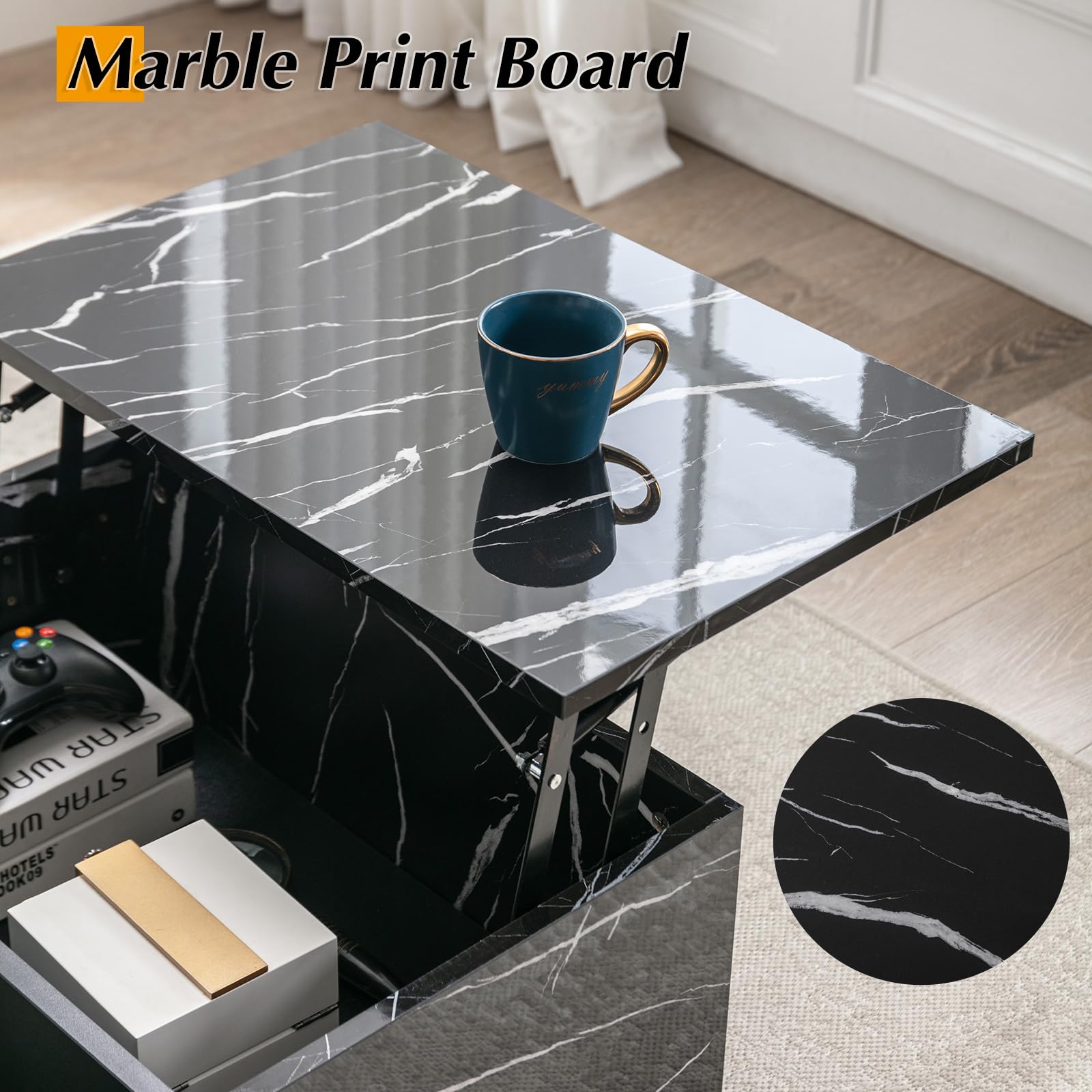 COSVALVE Lift Top Coffee Table with Hidden Storage, Marble Surface 2-Side Lift Tabletop - Modern Black Lift-Top Dining Table & Work Desk for Living Room, Home Office, Reception Area | Space-Saving Multi-Functional Furniture for Small Apartments & Studios