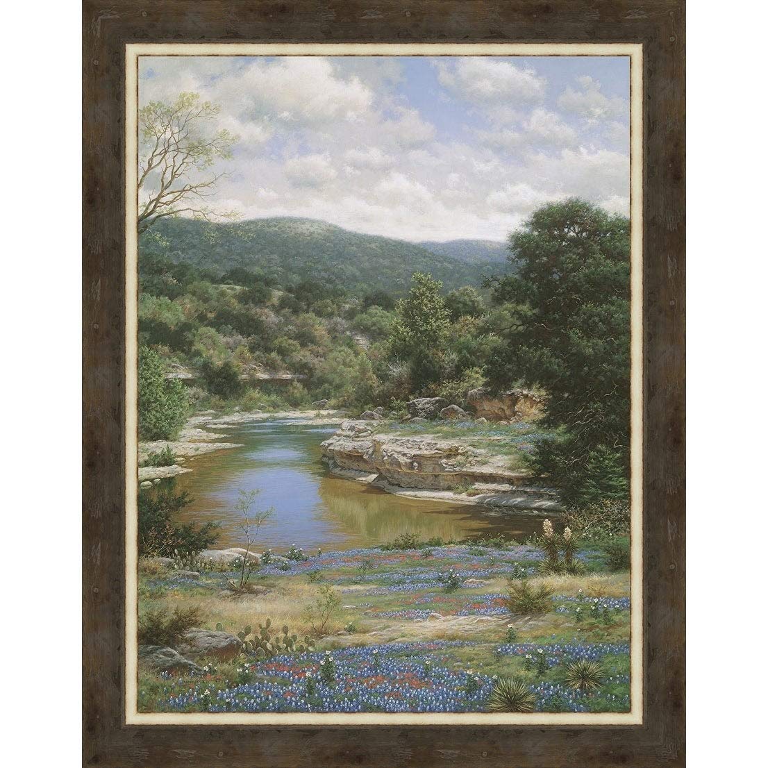 Bluebonnets Along The Frio Framed Canvas Wall Art - Texas Wildflower Landscape Painting - Perfect for Living Room, Bedroom & Office Decor