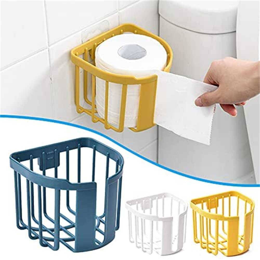 Wall Mounted Toilet Paper Holder - Adhesive Bathroom & Kitchen Tissue Roll Rack with Drainage Storage Shelf, Blue - Perfect for Small Spaces & RVs