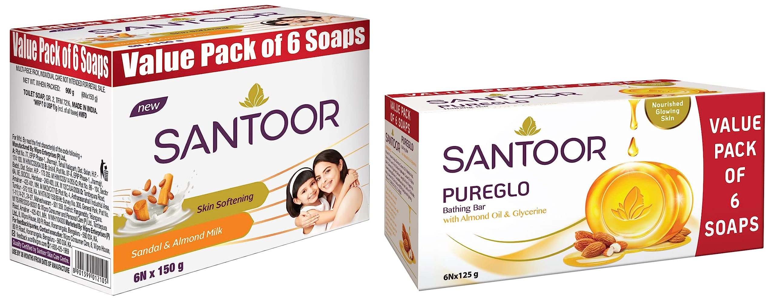Santoor Sandal & Almond Milk Soap 150g (Pack of 6) and Pureglo Glycerine Soap with Almond Oil 125g (Pack of 6) - Natural Skincare for Nourished, Glowing Skin - Perfect for Daily Cleansing & Moisturizing