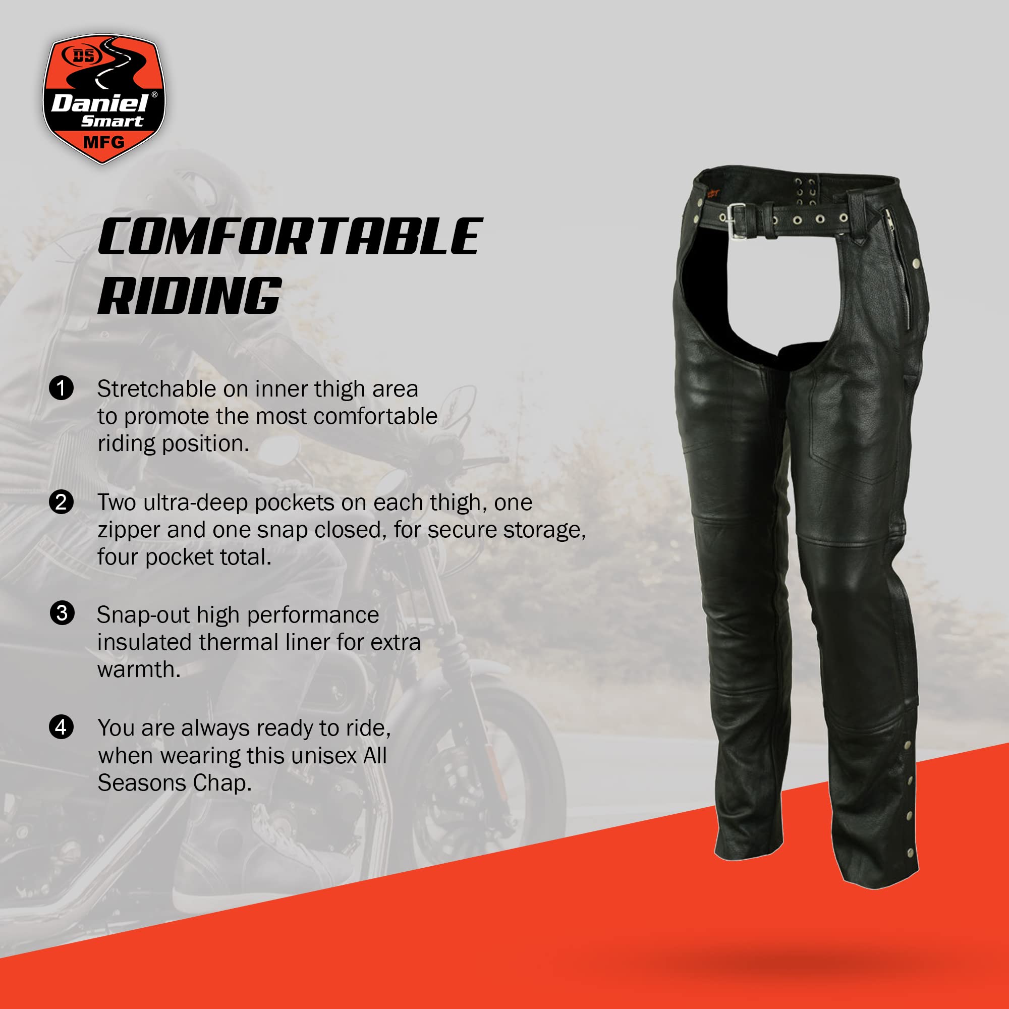 Daniel Smart Motorcycle Leather Chaps - All Season Unisex Biker Pants with Adjustable Fit & Convenient Pockets | Perfect for Harley, Cruiser & Road Trips