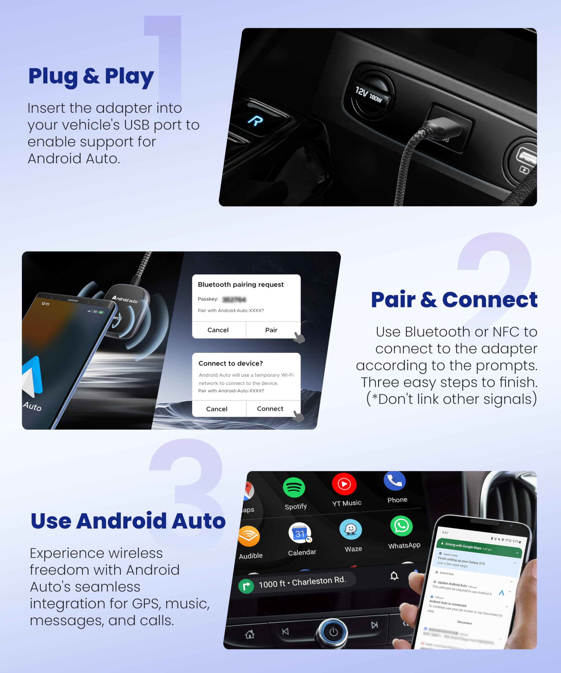 **2025 Upgraded Android Auto Wireless Adapter - NFC Tech, Ultra-Durable Wire, Latency-Free - USB-A/USB-C Aluminum Car Adapter for Android Phones (2015+ Cars) | Perfect for Hands-Free Driving & Seamless Music Streaming**
