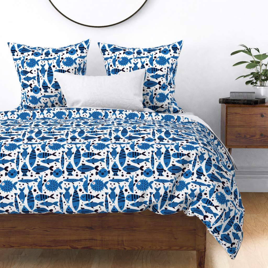 Blue Pufferfish Retro Nautical Duvet Cover King/California King - 100% Cotton Sateen Custom Bedding for Modern Beach & Ocean Themed Bedrooms