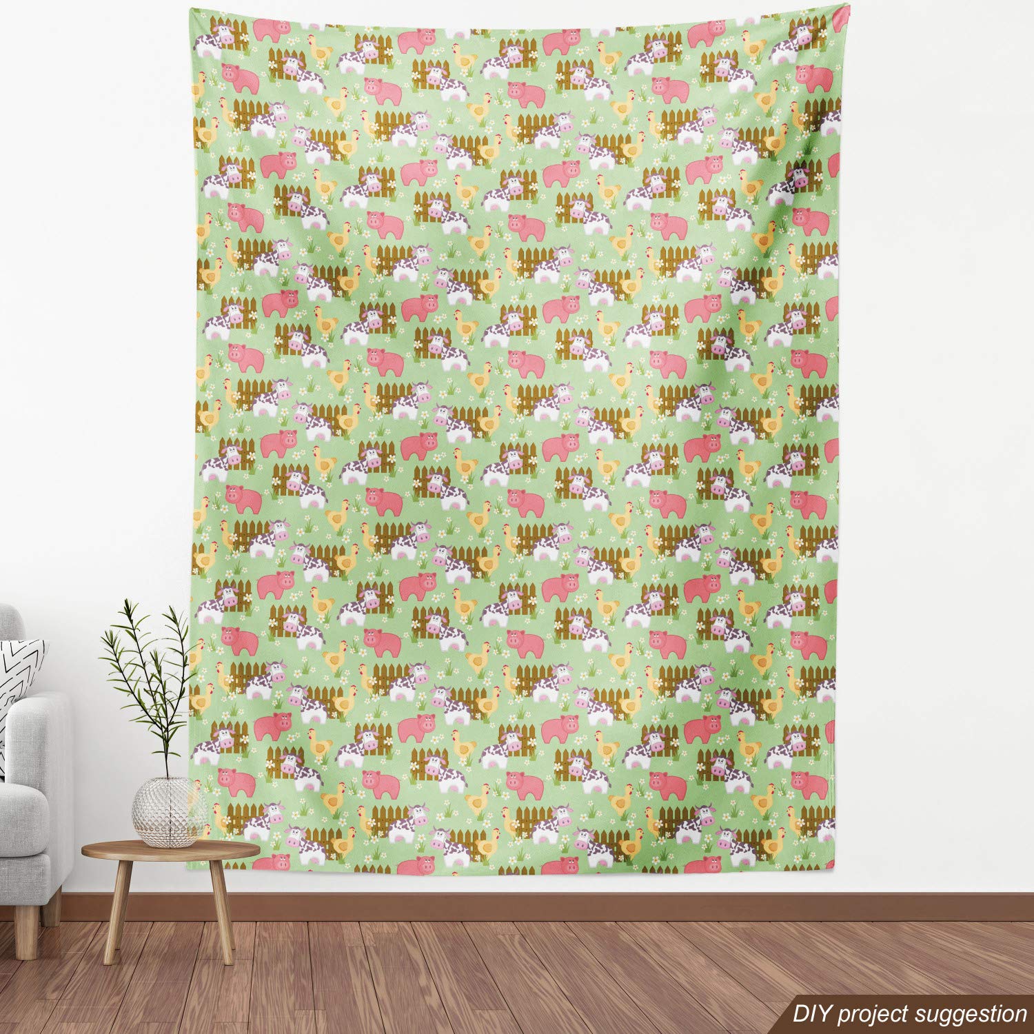 Lunarable Farmhouse Fabric by The Yard - Country Style Cartoon Animal Print with Cow, Pig & Chicken Design for Upholstery, Home Decor | 10 Yards Green & Pink Fabric for DIY Projects, Curtains, Pillows & Quilting