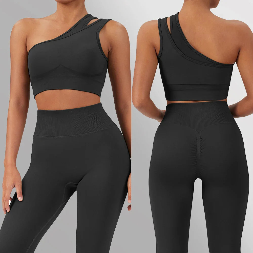2 Pcs Women's Seamless Yoga Set - One Shoulder Workout Outfits for Gym, Fitness & Sports | Breathable & Comfortable Activewear for Yoga, Running & Training