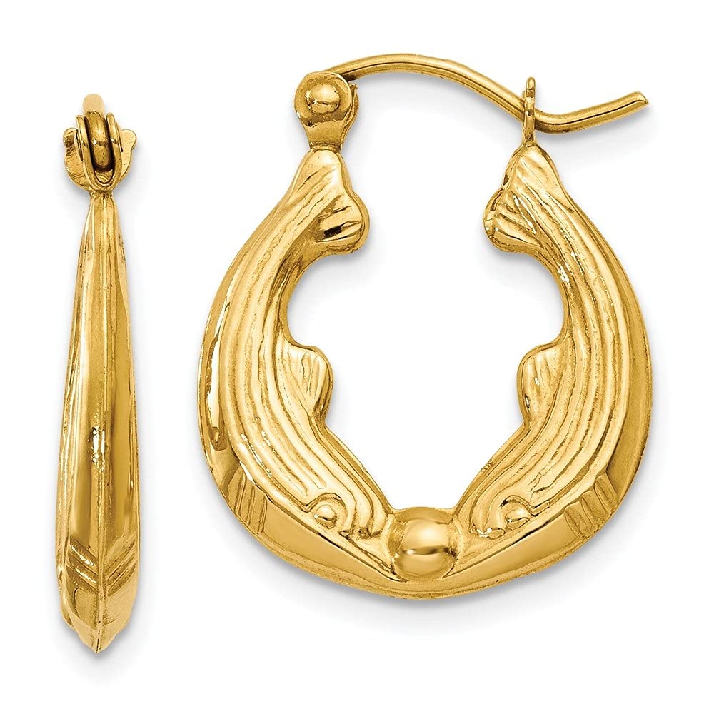 14K Yellow Gold Two Dolphin Hoop Earrings for Women - Elegant Fine Jewelry Gift for Her - Perfect for Beach Vacations, Summer Outfits & Special Occasions