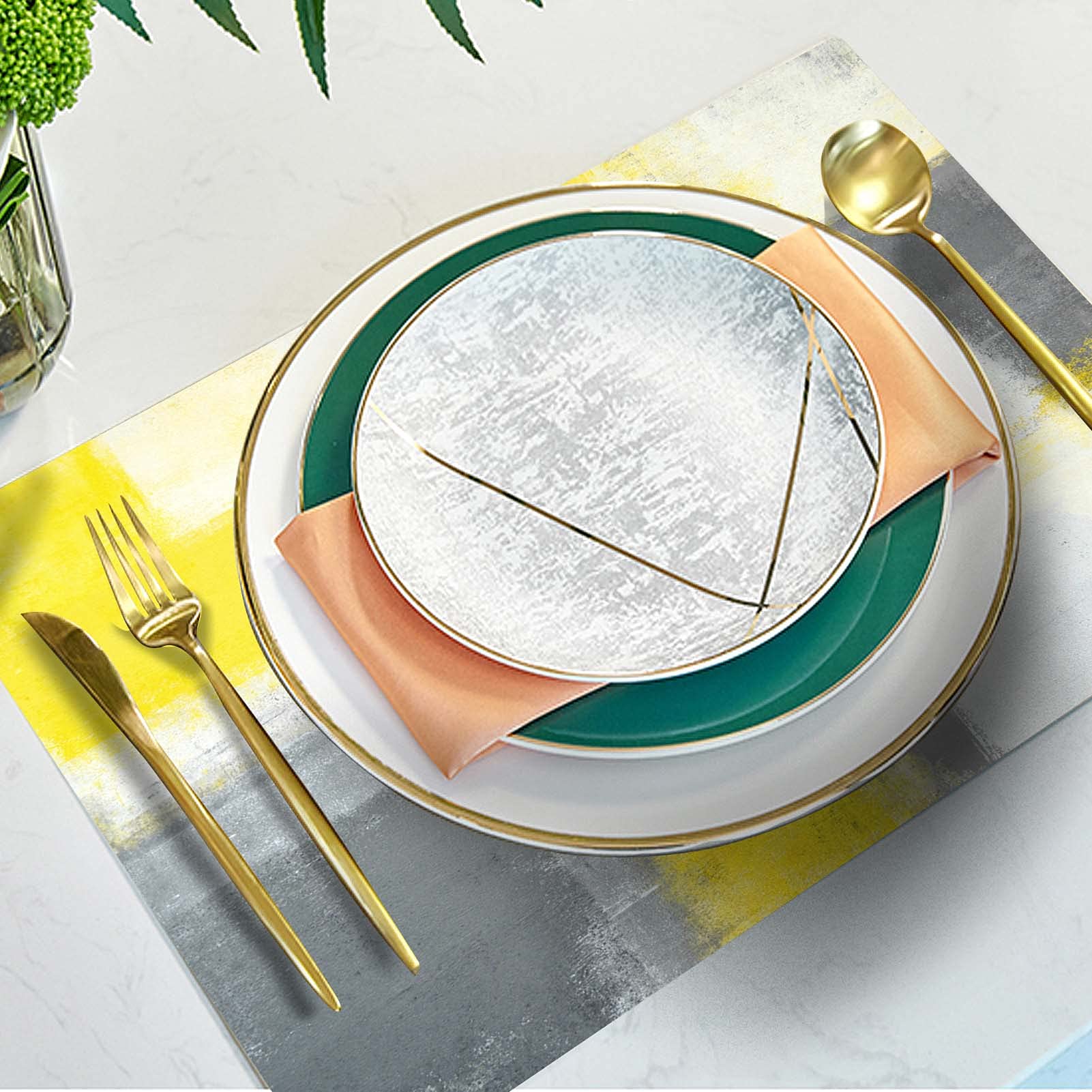 Mcalk Yellow Table Runner & 6-Piece Grey Placemats Set - Modern Abstract Art Linen Table Mats for Kitchen & Dining Room - Washable & Durable for Everyday Use, Dinner Parties & Holiday Decor