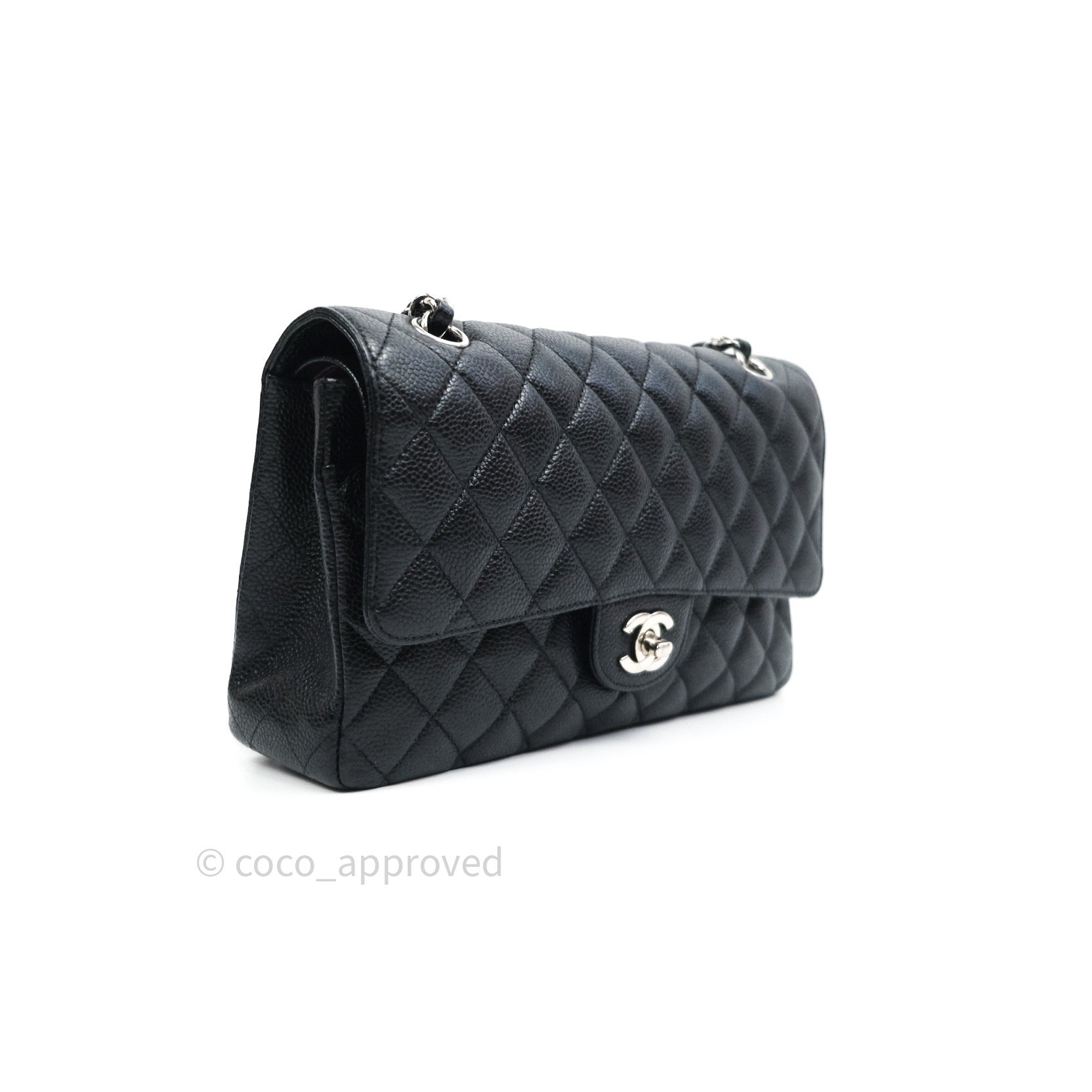 Chanel Classic Double Flap Bag M/L Size in Black Caviar Leather with Silver Hardware - Luxury Handbag for Women, Perfect for Work, Evening Events & Special Occasions