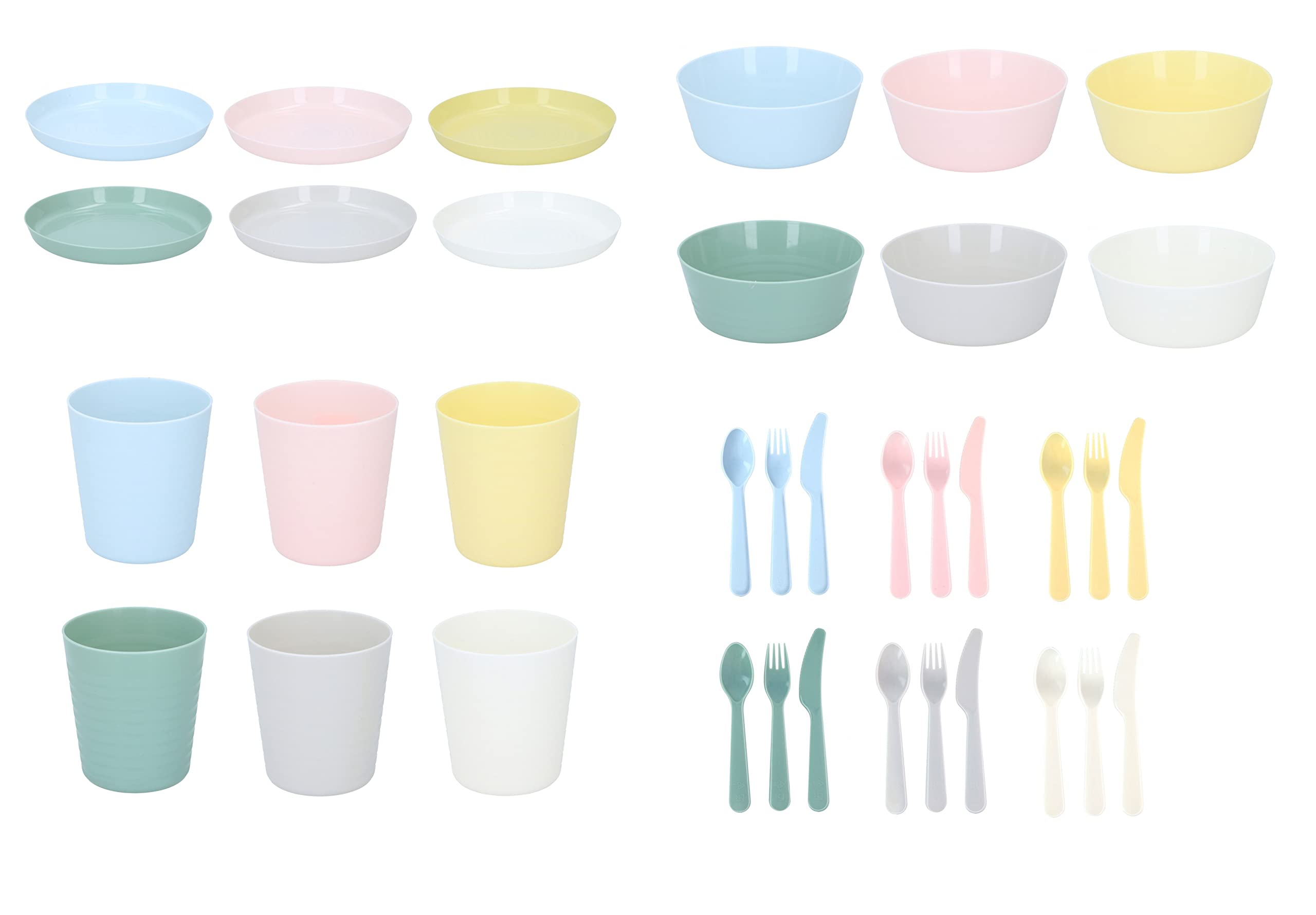 Invero 36-Piece Kids' Colorful Unbreakable Plastic Tableware Set - Bowls, Plates, Cups & Cutlery | Durable, Reusable & BPA-Free | Perfect for Family Meals, Birthday Parties, Picnics, Camping & Travel