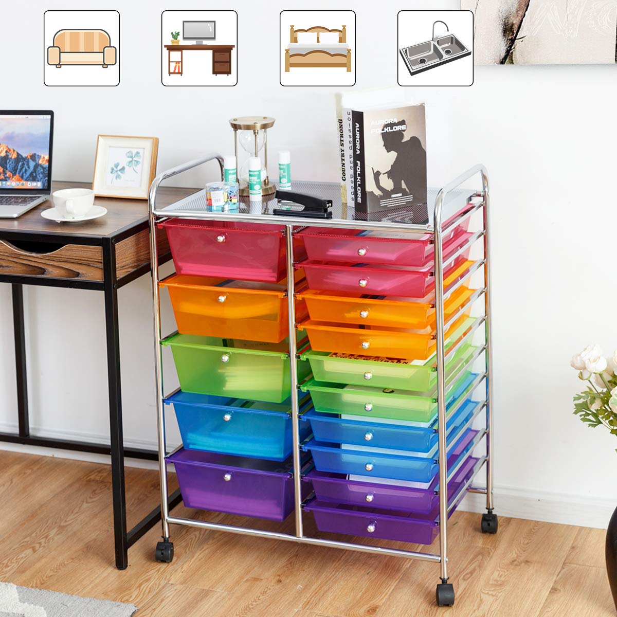 RELAX4LIFE 15-Drawer Rolling Storage Cart with Wheels - Mobile Organizer for Craft Supplies, Art Paper, Salon Tools & Classroom Organization - Teacher Utility Cart for School, Office & Home Use (Choose Color)