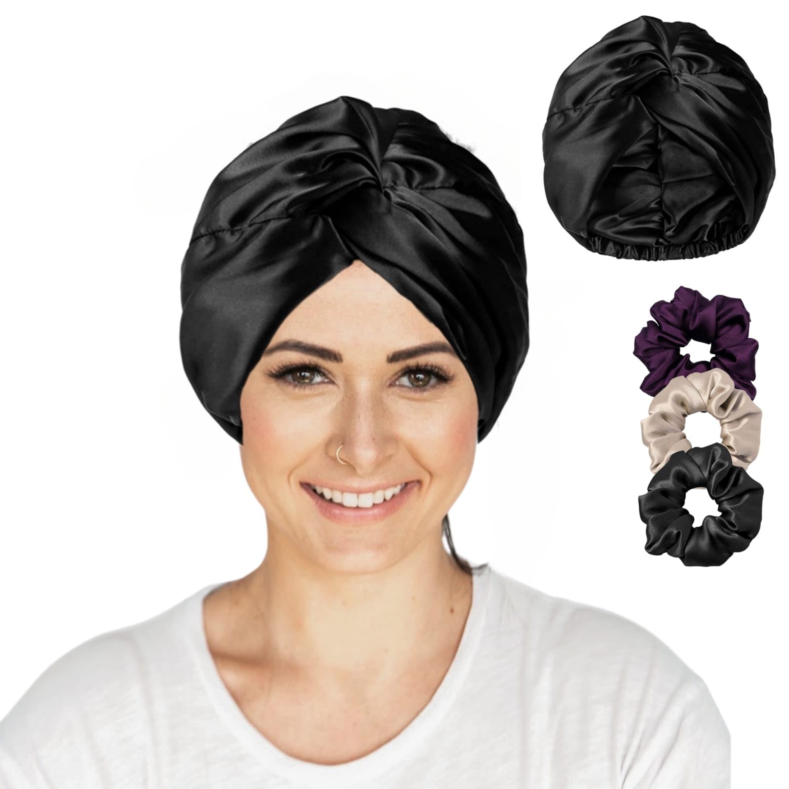 Atrube Reversible Silk Satin Sleep Bonnet for Women - Adjustable Tie Band Hair Wrap Cap for Sleeping, Natural Hair Protection - Includes Free Scrunchies (Black, 21
