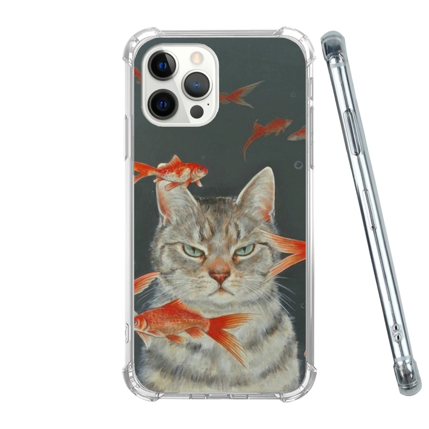 Cute Cat & Goldfish iPhone 12 Pro Max Case - Trendy Soft TPU Bumper Cover for Women & Men - Unique Design Phone Case for Daily Use & Gift Giving