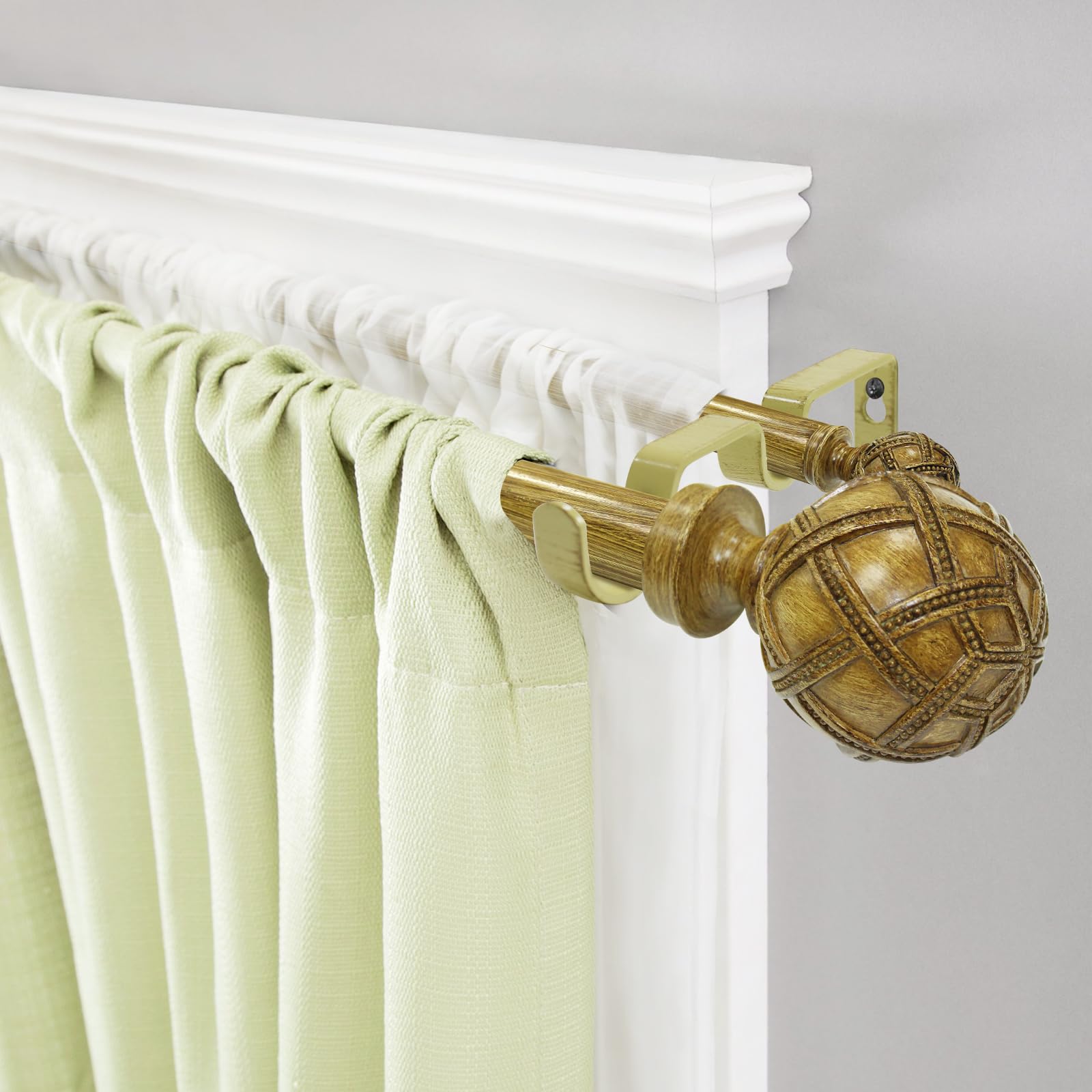 Ycolnaefllr 1 Inch Double Curtain Rod Set - Adjustable 66 to 120 Inches for Windows, Heavy Duty Drapery Rod with Resin Finials & Holdbacks (Burlywood) - Perfect for Living Room, Bedroom & Home Decor