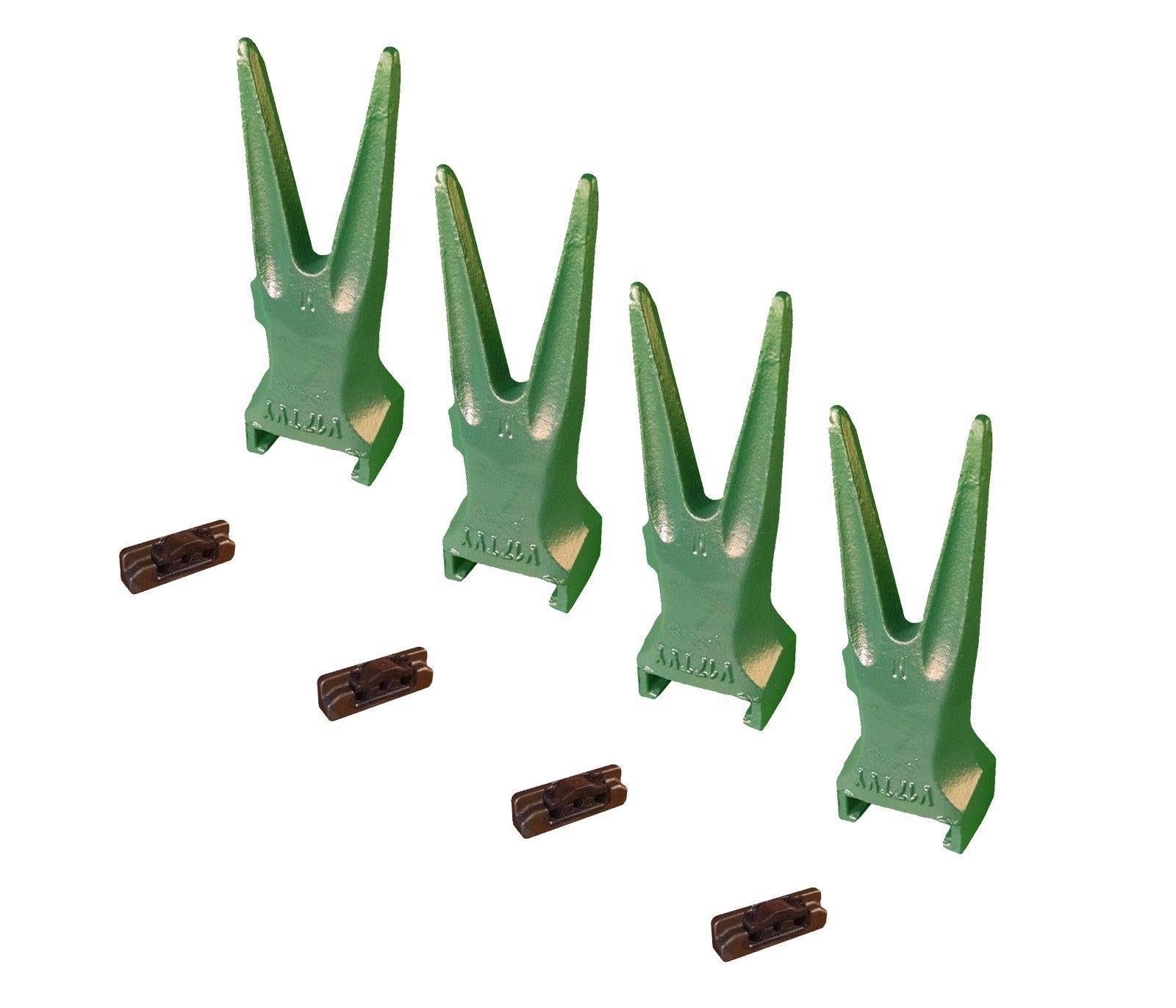 4-Pack Esco Style Super V Backhoe & Excavator Rock Bucket Teeth with Pins - V17TVY Replacement Parts - Heavy Duty Digging & Mining Equipment Accessories for Construction & Landscaping Projects