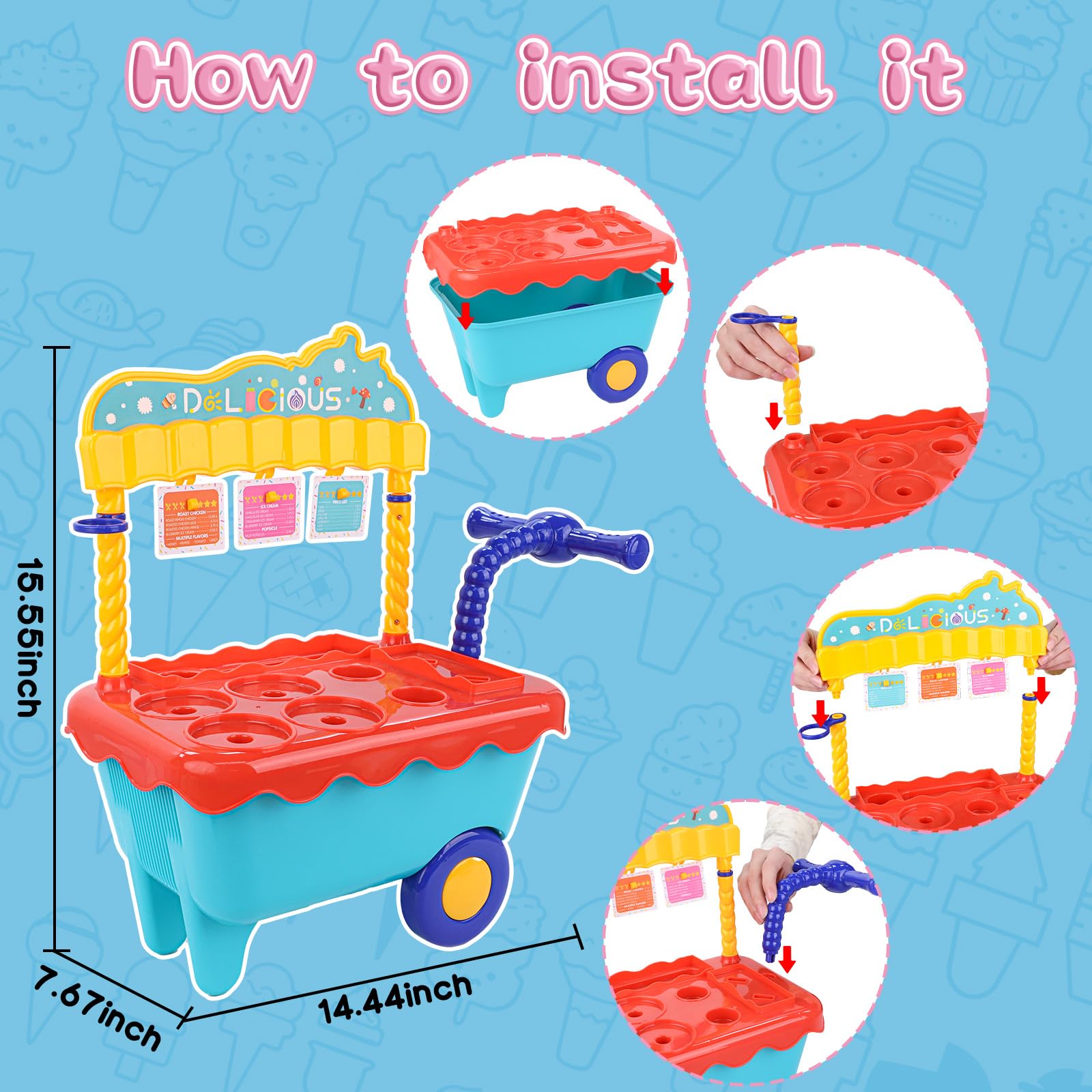 45 Pcs Ice Cream Cart Play Set for Kids - Pretend Play Store with Storage Trolley, Food Toys & Ice Cream Shop Toy - Perfect Gift for Boys & Girls Ages 3-6 - Fun Birthday Party, Daycare & Indoor Play Activity