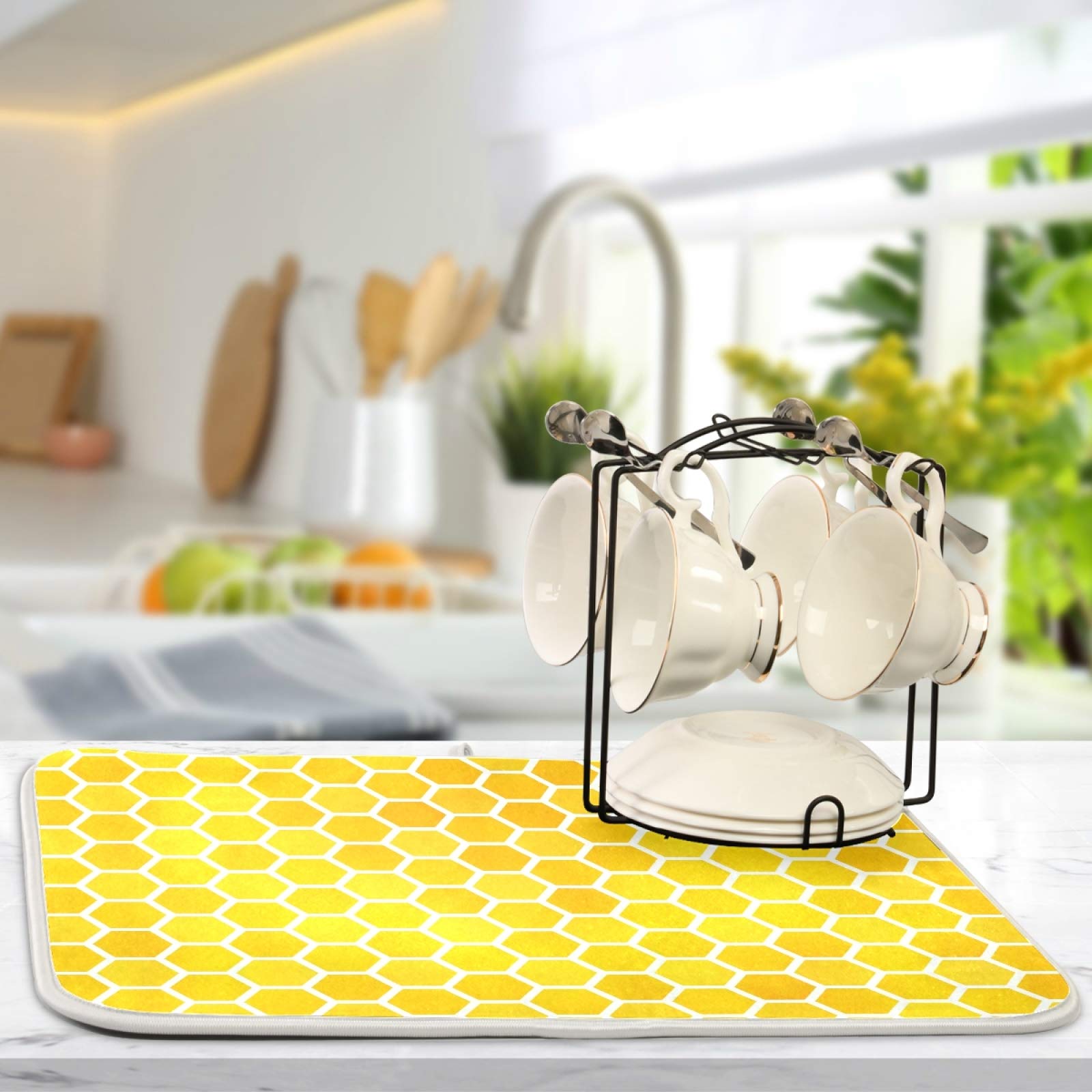 Hexagon Honeycomb Dish Drying Mat - 18x16 Inch Absorbent Microfiber Kitchen Counter Pad | Non-Slip Reversible Bottle & Dish Drainer Mat in Yellow & Orange Gradient | Perfect for Drying Dishes, Utensils & Glassware