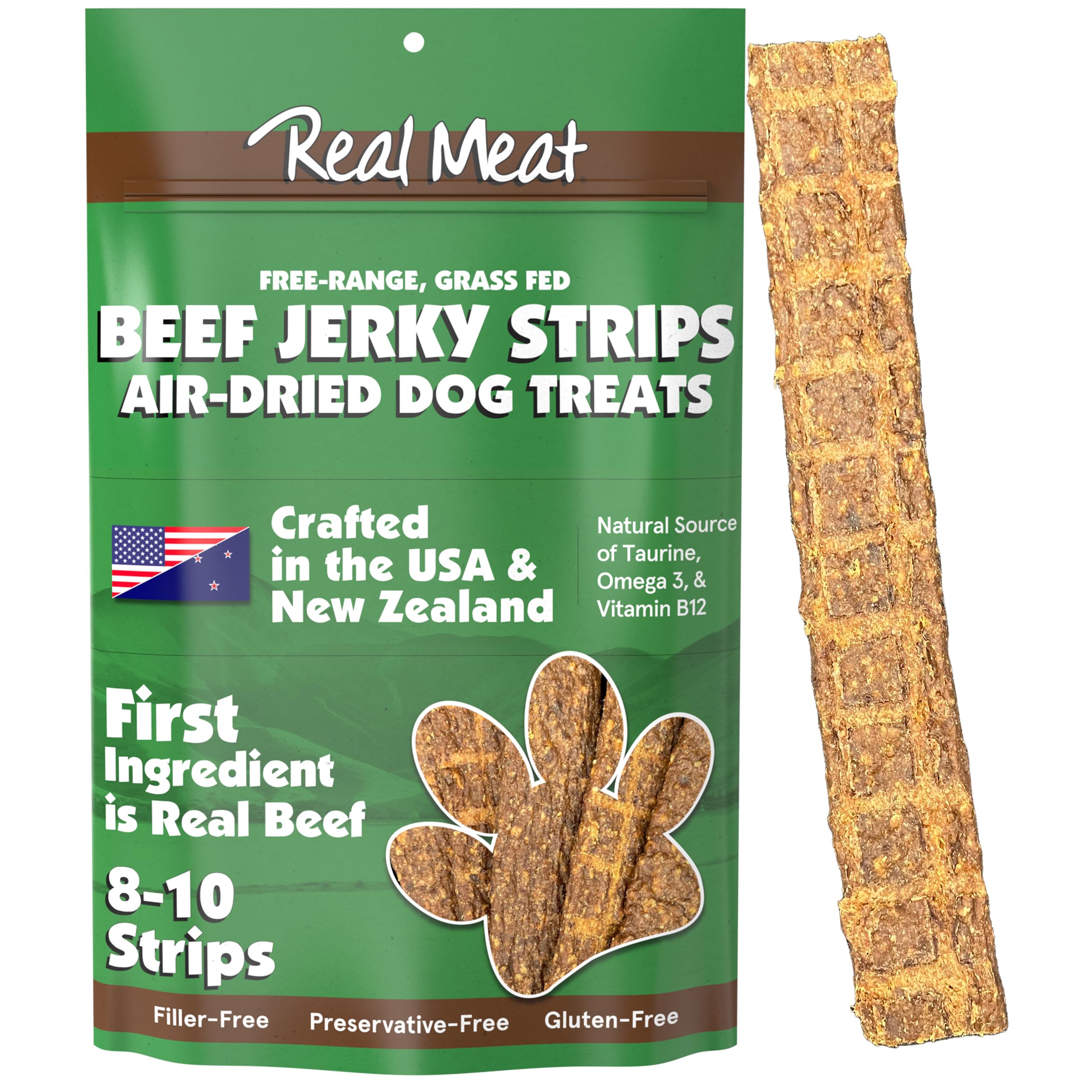 Premium Grain-Free Beef Jerky Dog Treats - 8 All-Natural Air-Dried Strips Made with 95% Human-Grade Grass-Fed Free-Range Beef - Healthy Training Rewards & High-Protein Snacks for Small, Medium & Large Dogs - Perfect for Outdoor Adventures, Travel & Daily Training