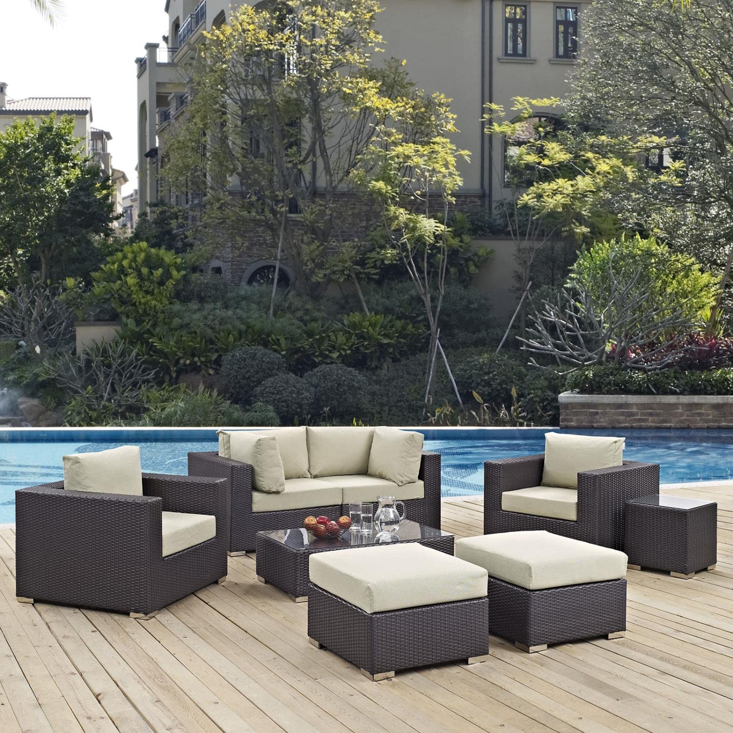 Modway Convene Collection 8-Piece Outdoor Patio Sectional Set in Espresso Beige - Durable Wicker Furniture for Backyard, Poolside & Garden Relaxation