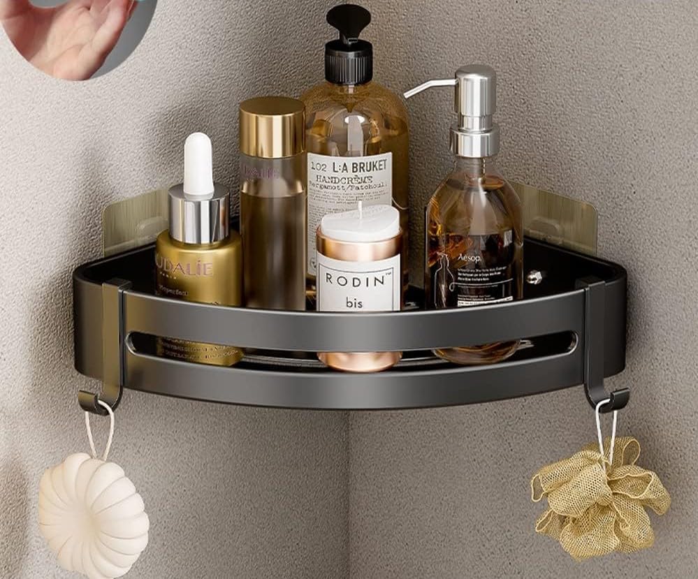Space-Saving Corner Shelf for Bathroom & Kitchen - No Drill Wall Mount Aluminum Organizer Rack (Triangle Design, Pack of 1, Black) - Perfect for Small Bathrooms, Showers, Kitchen Storage & Clutter-Free Organization