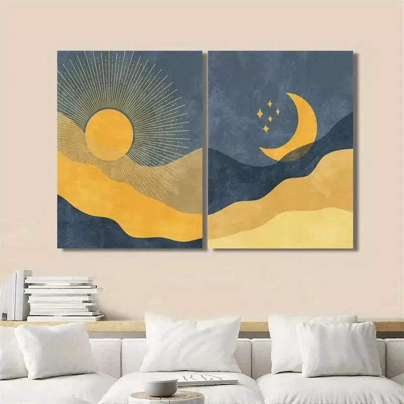 2Pcs Desert Night Scene Celestial Art Sun and Moon Canvas Wall Art - 50x75cm Framed High Quality Print - 100% Australian Made Ready to Hang - Perfect for Living Room, Bedroom & Office Decor