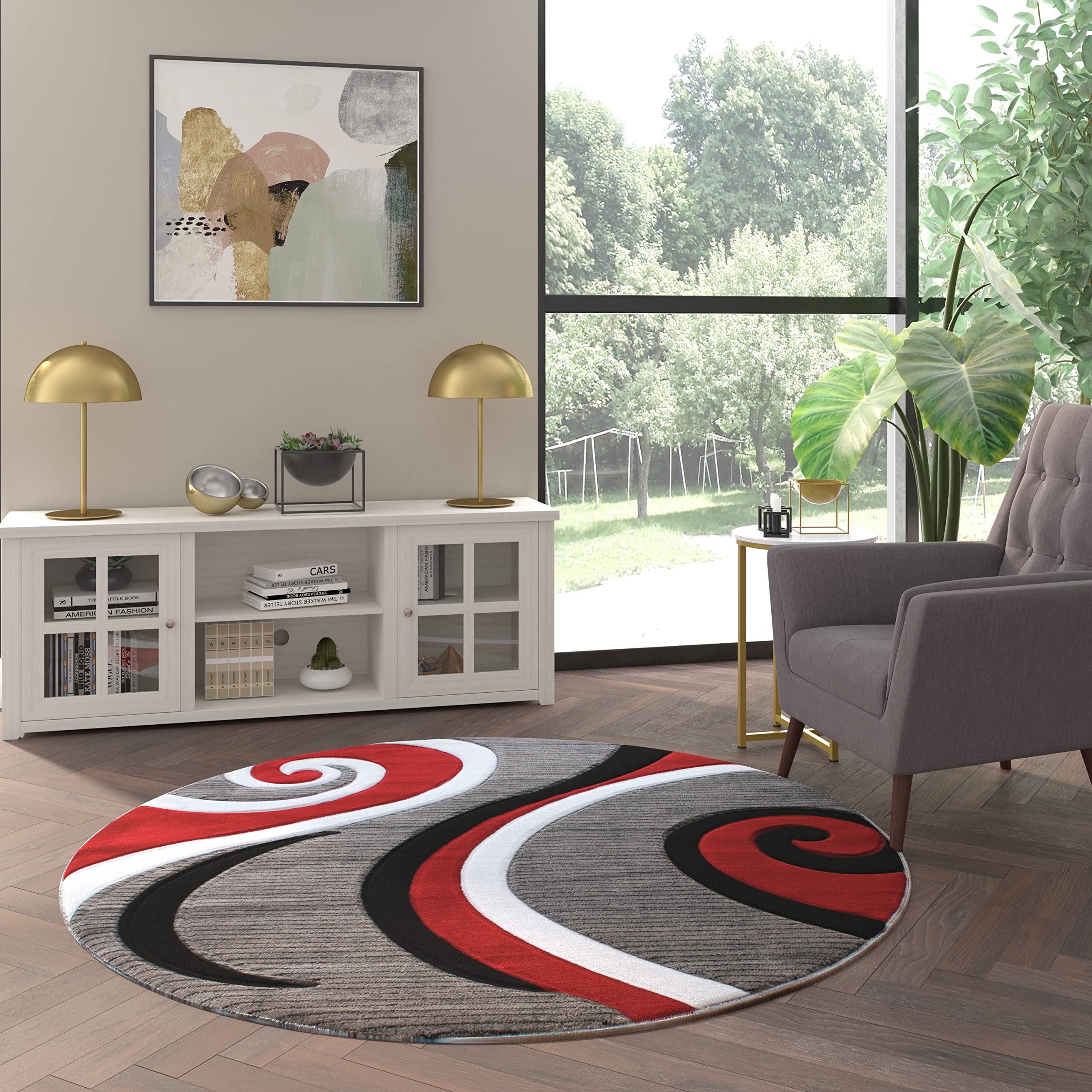 EMMA + OLIVER Olefin Accent Rug - 5x5 Round Contemporary Swirl Pattern Rug in Red - 3D Sculpted Textured Design with Jute Backing & Stain Resistance - Perfect for Living Room, Bedroom or Office Decor