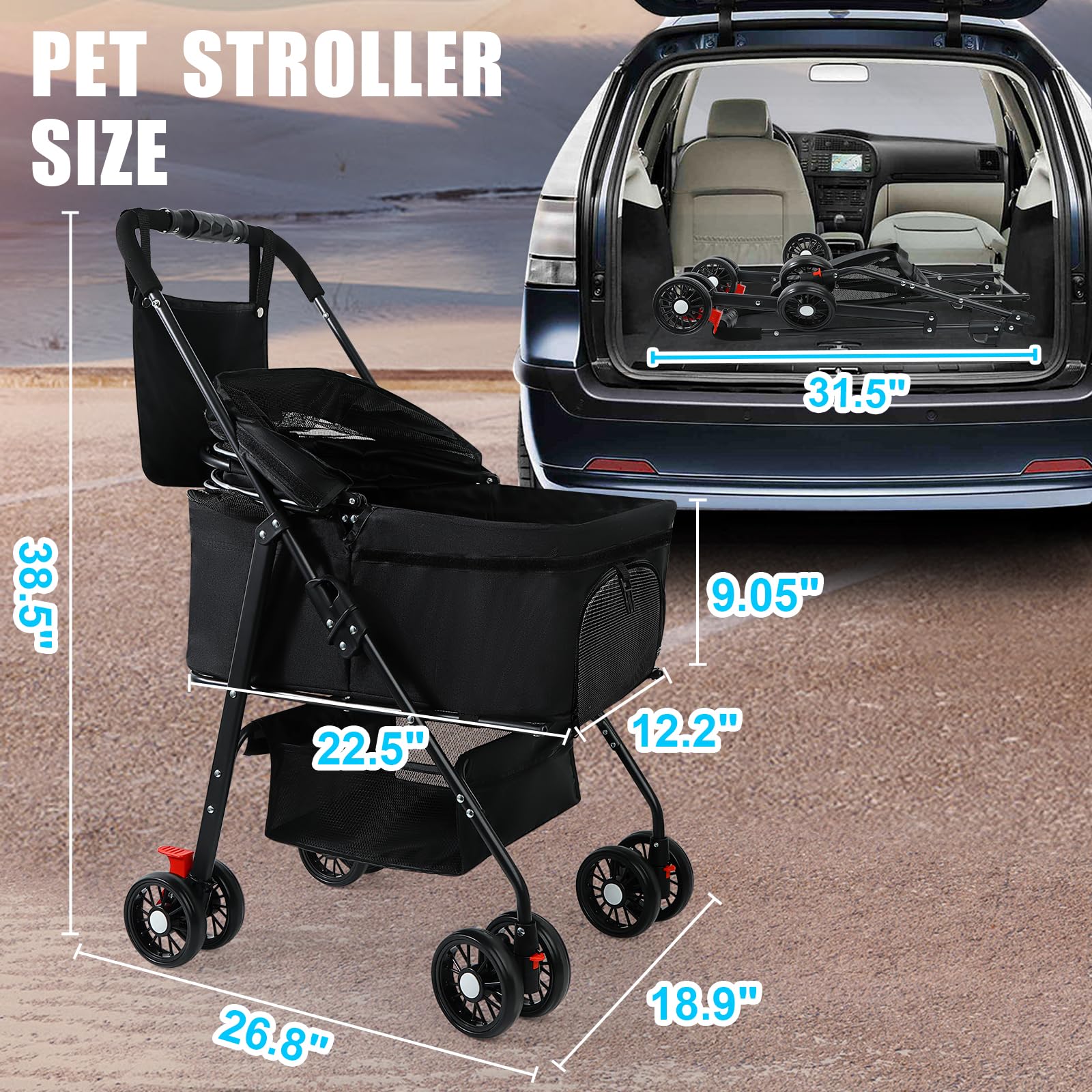 3 in 1 Foldable Pet Stroller for Small & Medium Dogs & Cats (10-50 lbs) - Removable Carrier, Storage Bag & Wheels - Perfect for Vet Visits, Shopping & Outdoor Adventures (Black)