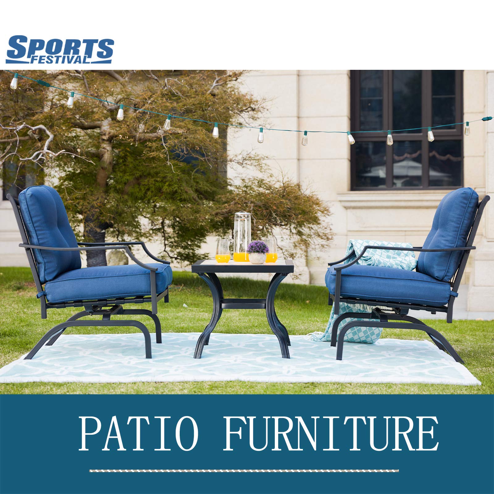 Outdoor Patio Bistro Set - 2 Metal Frame Armchairs with Thick Cushions & Side Table - Blue Garden Furniture for Balcony, Porch, Backyard - Perfect for Relaxing, Dining & Entertaining Outdoors