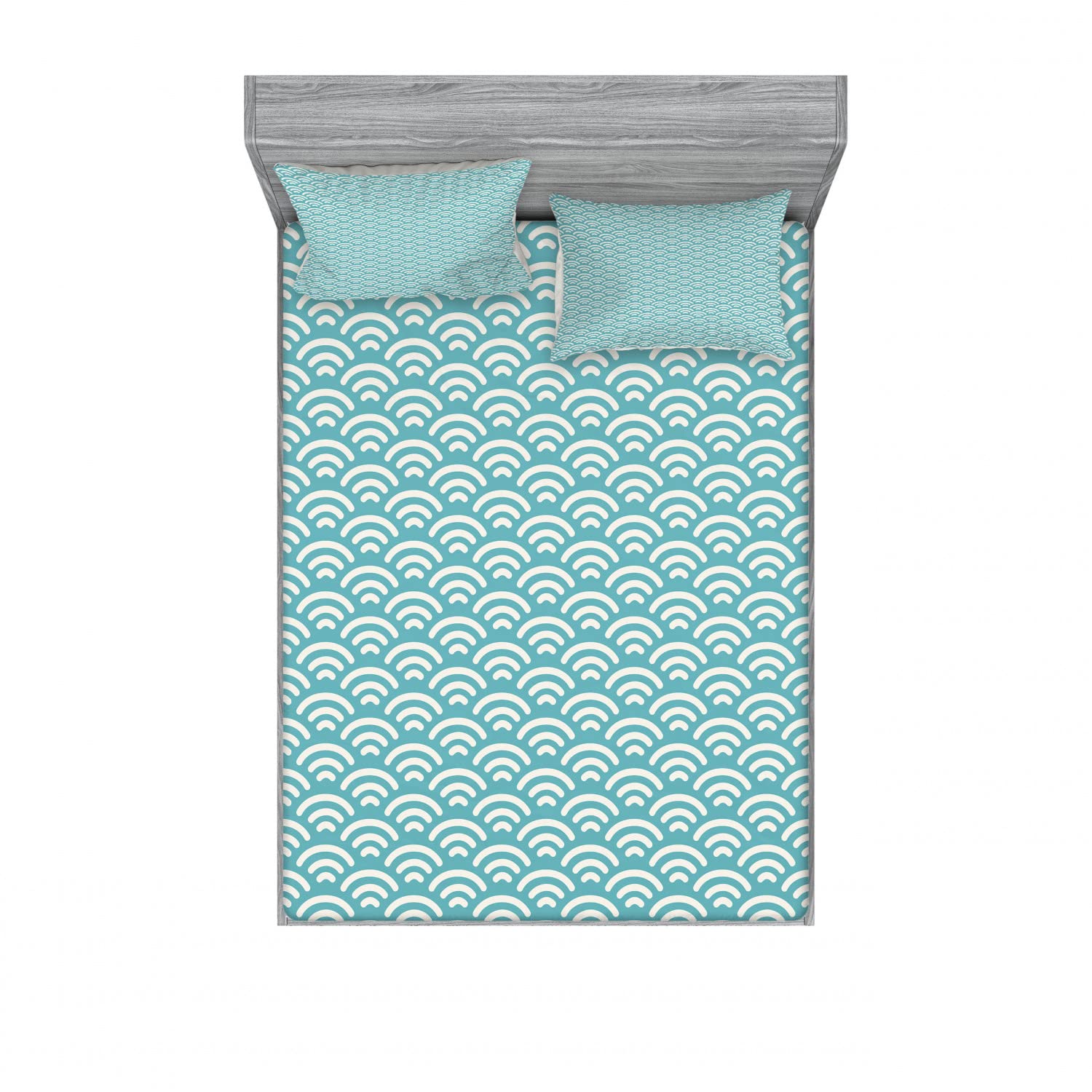 Ambesonne Abstract 2-Piece King Size Fitted Sheet Set with 4 Pillow Shams - Bold Water Fishing Pattern in Turquoise & White - Soft Bedding Collection for Master Bedroom, Guest Room & Vacation Homes