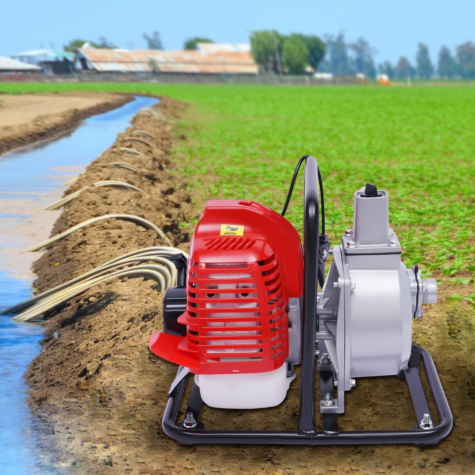 43CC 2 Stroke Gasoline Water Pump - 2HP 7000RPM High Pressure Air-Cooled Pump for Landscaping, Irrigation, Pool & Garden Use - Perfect for Flood Control, Farm Water Transfer and Emergency Drainage