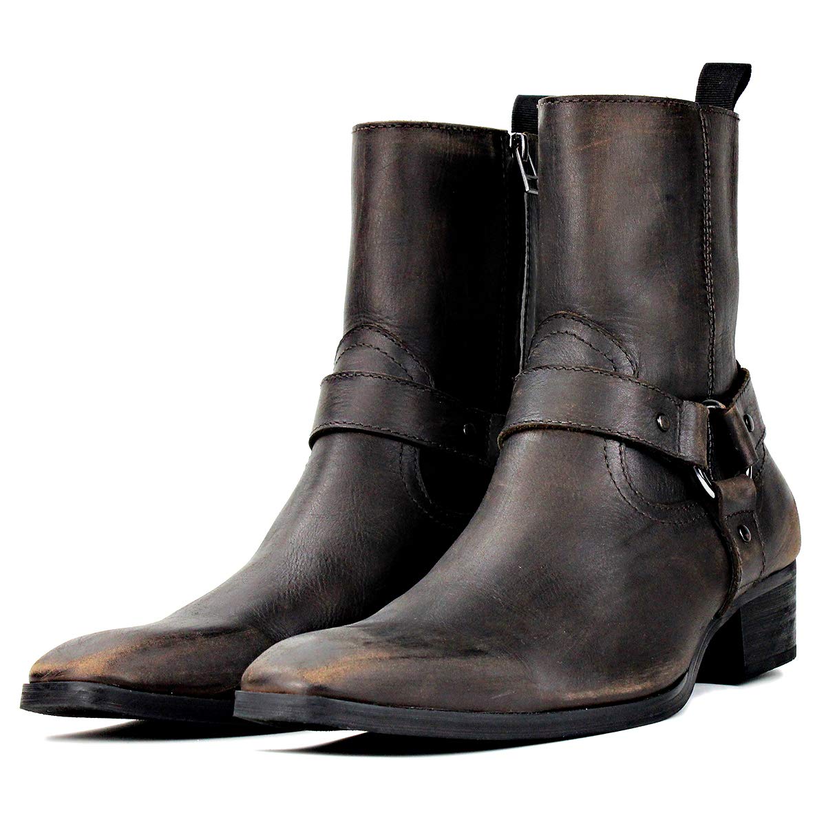 OSSTONE Men's Leather Chelsea Ankle Boots - Side Zipper Chukka Motorcycle Boots with Retro Heel (JY017-R) | Dress Boots for Casual Wear, Riding & Night Out
