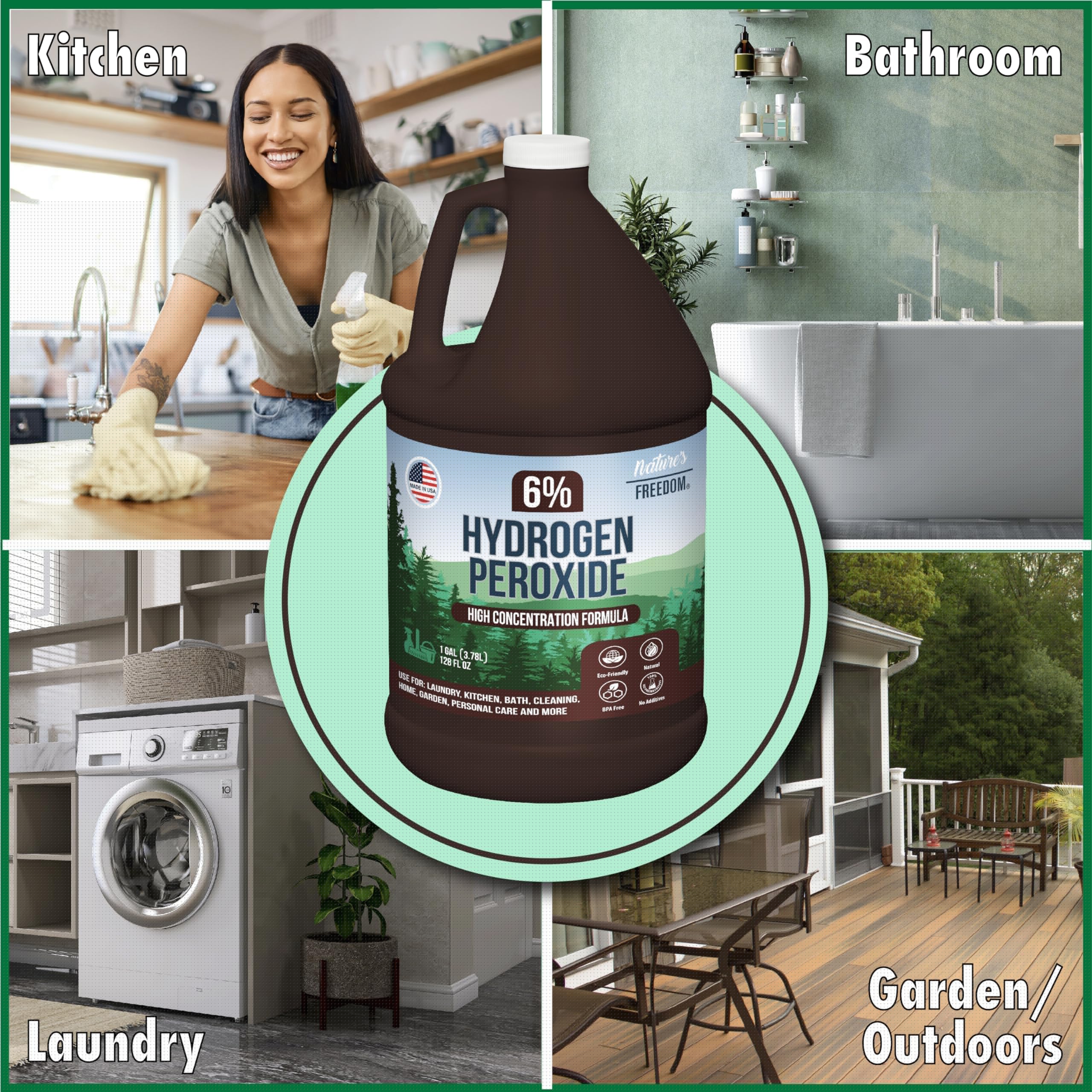 Nature's Freedom 6% Food Grade Hydrogen Peroxide Solution - 1 Gallon Bottle of H2O2 with Purified Water | Perfect for Food Preservation, First Aid, Cleaning & Organic Gardening
