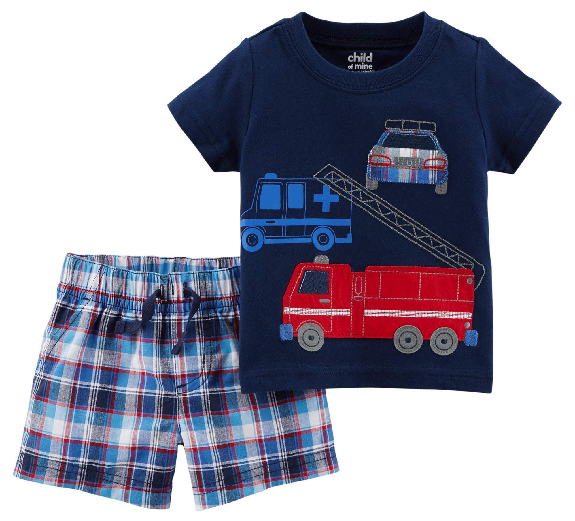 Carter's Child of Mine Emergency Vehicles Baby Boys 2-Piece Outfit Set - Short Sleeve Shirt & Shorts (Newborn 0-3M) | Cute First Responder Themed Clothes for Infants | Perfect for Playdates, Daycare & Family Photos