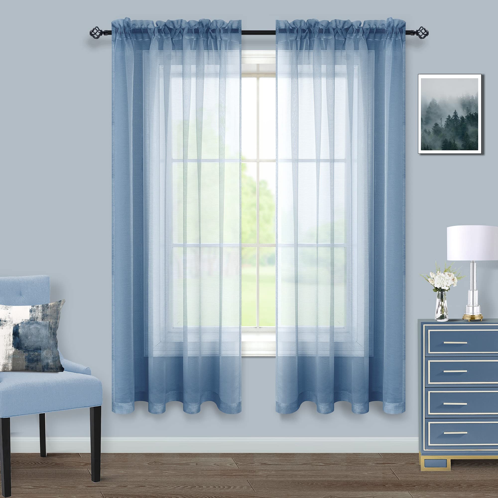 Dusty Blue Sheer Curtains 52x63 Inches - 2 Panel Set with Rod Pocket for Bedroom & Living Room | Light Filtering Window Drapes for Home Decor
