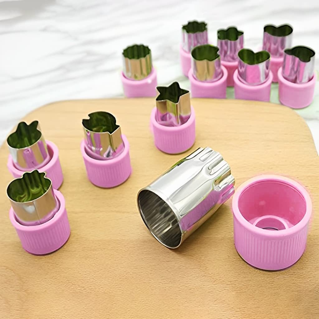 HASTHIP® 12Pcs Stainless Steel Cookie Cutters Set - Fun Shapes for Kids Baking, Fruit & Sandwich Cutters, Embossing Molds for Pastry & Bread - Perfect for Birthday Parties, Holiday Baking & Family Kitchen Activities (Pink)