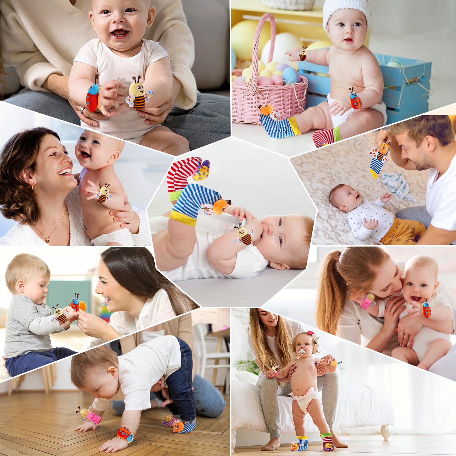 Adorable Baby Wrist Rattle Socks & Foot Finder Set - Soft Infant Toys for 0-12 Months (Unisex) - Perfect Newborn Hand & Foot Rattles for 3-9 Month Olds - Ideal Baby Shower & Easter Gift for Boys & Girls - Great for Tummy Time & Sensory Development