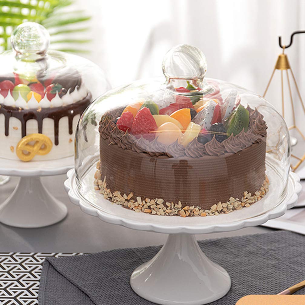 White Porcelain Cake Stand with Glass Dome - 25x23.5x23.5cm Decorative Dessert Display for Weddings, Birthdays & Parties | Elegant Cupcake, Pastry & Candy Serving Plate for Home Baking & Special Events