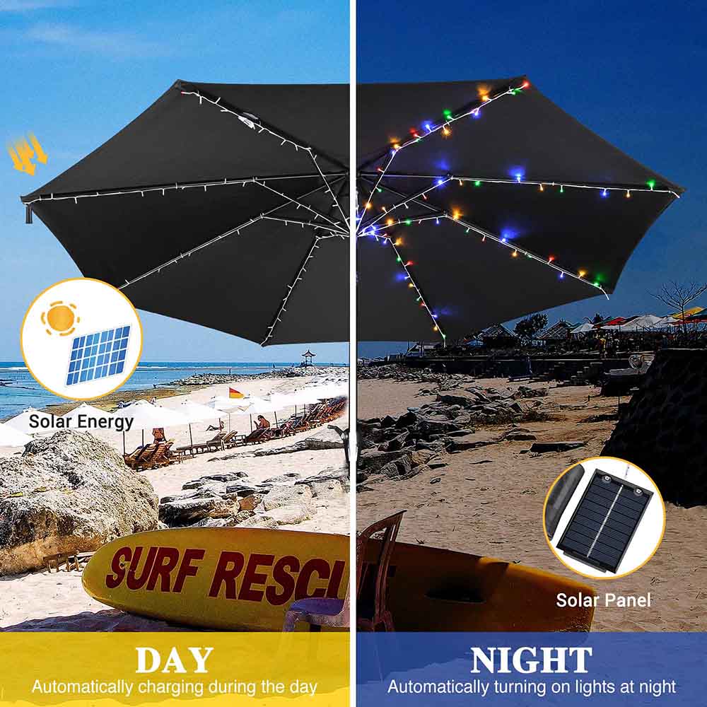 Solar Patio Umbrella Lights with Remote Control - 9-10ft Weatherproof Outdoor LED String Lights for Deck, Garden & Backyard (8 Ribbon Design) | Perfect for Evening Gatherings & Summer Nights