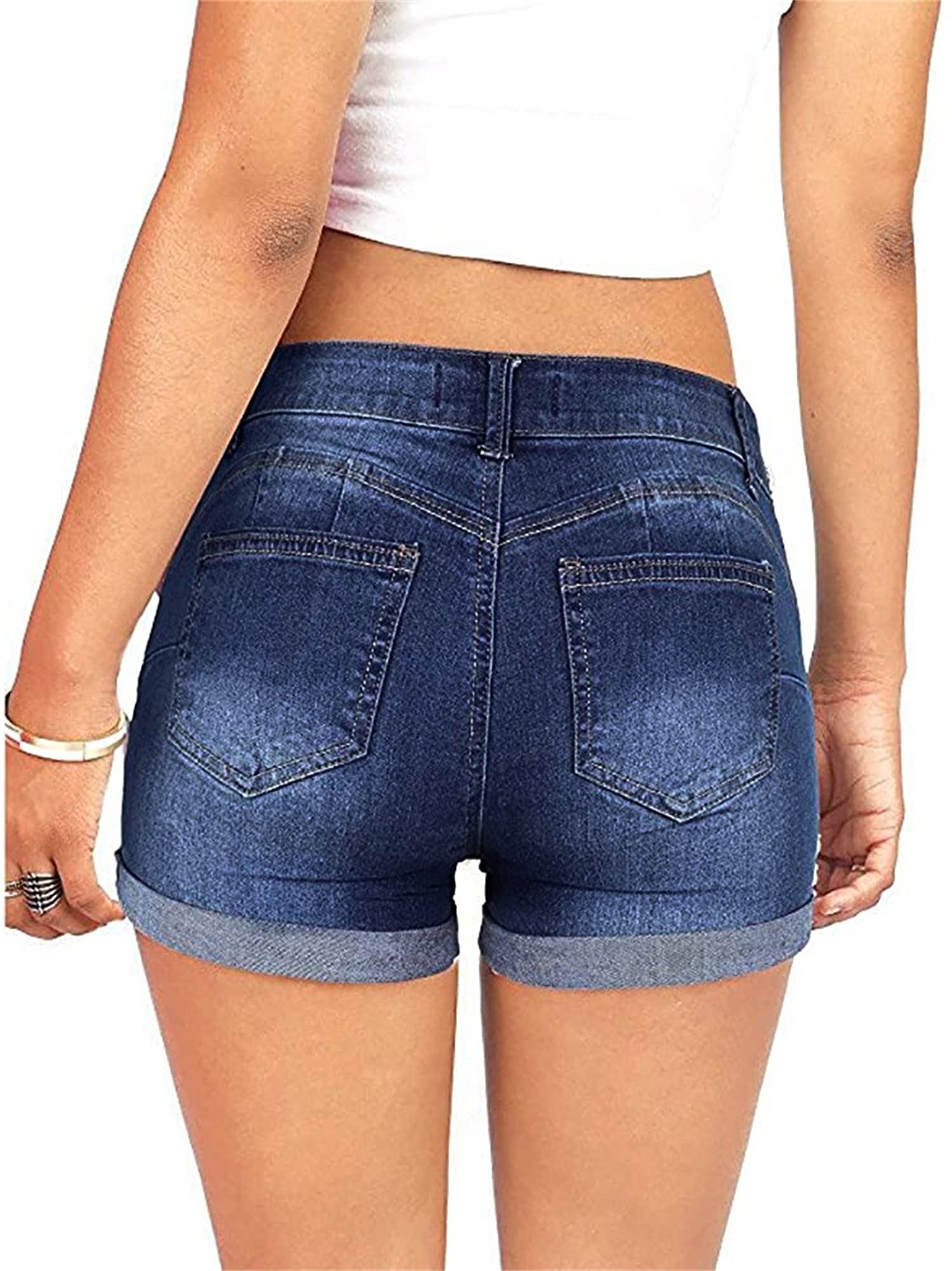 Women's Low Waist Ripped Denim Shorts - Distressed Hole Rolled Hem Casual Jean Shorts for Summer | Sexy Folded Hot Pants in Navy Blue (Large) | Perfect for Beach, Music Festivals & Street Style