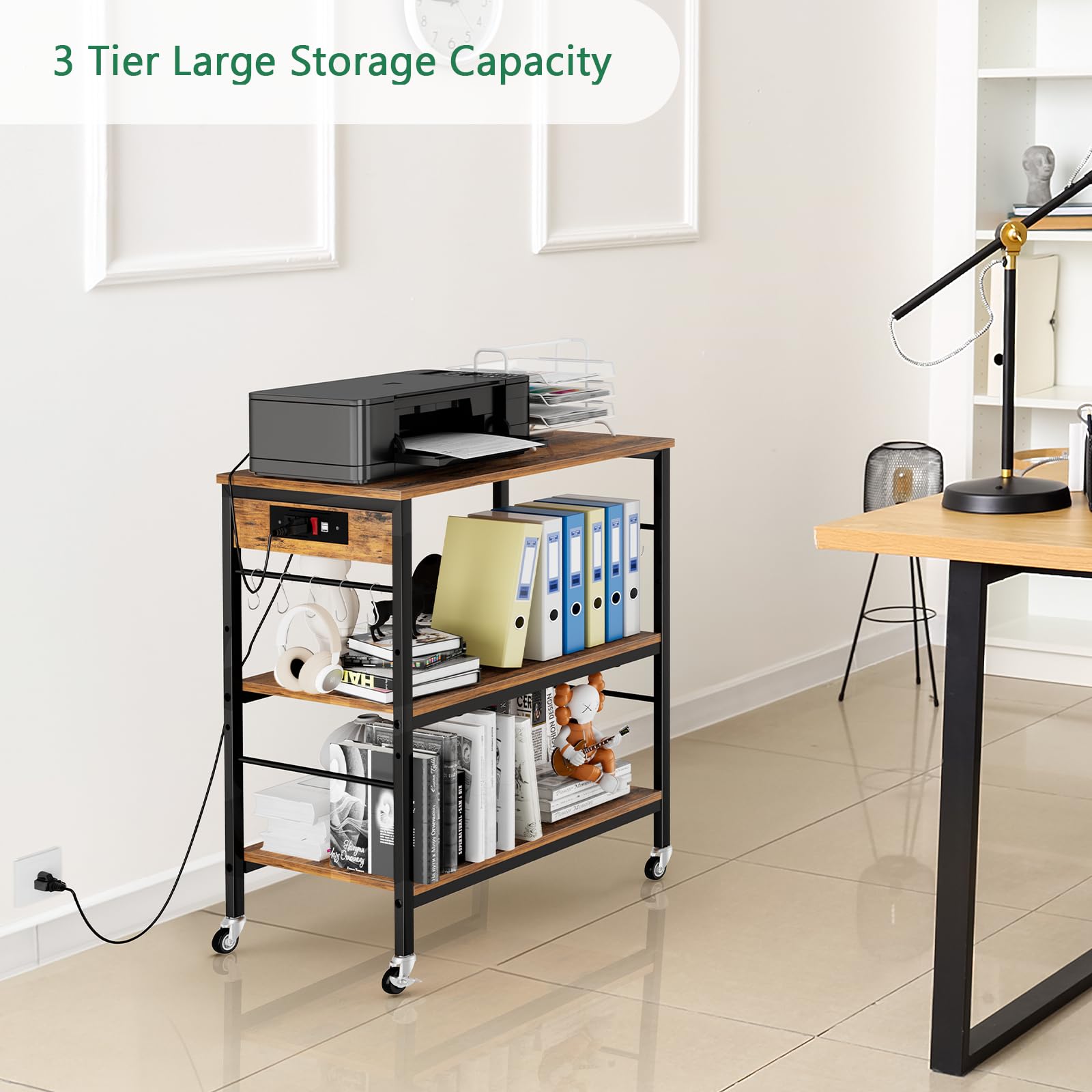 ETELI 3-Tier Bakers Rack with Power Outlet - Microwave Stand Cart with Storage Shelves - Mobile Coffee Station Table with Wheels - Rustic Brown Kitchen Cart for Living Room, Bedroom & Office - Perfect for Small Spaces, Apartment Cooking & Coffee Bar Setup