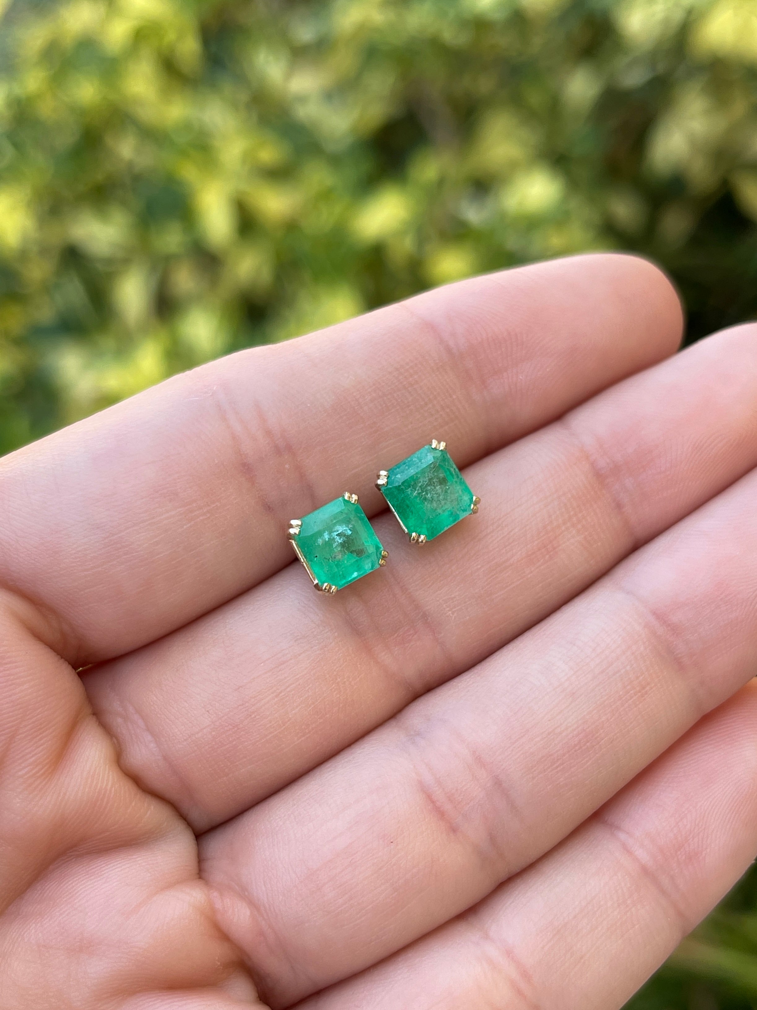 2.45tcw 7x7 Earthy Natural Asscher Cut Colombian Emerald Double Prong Stud Earrings in 14K Gold – Perfect for Weddings, Parties & Everyday Elegance
