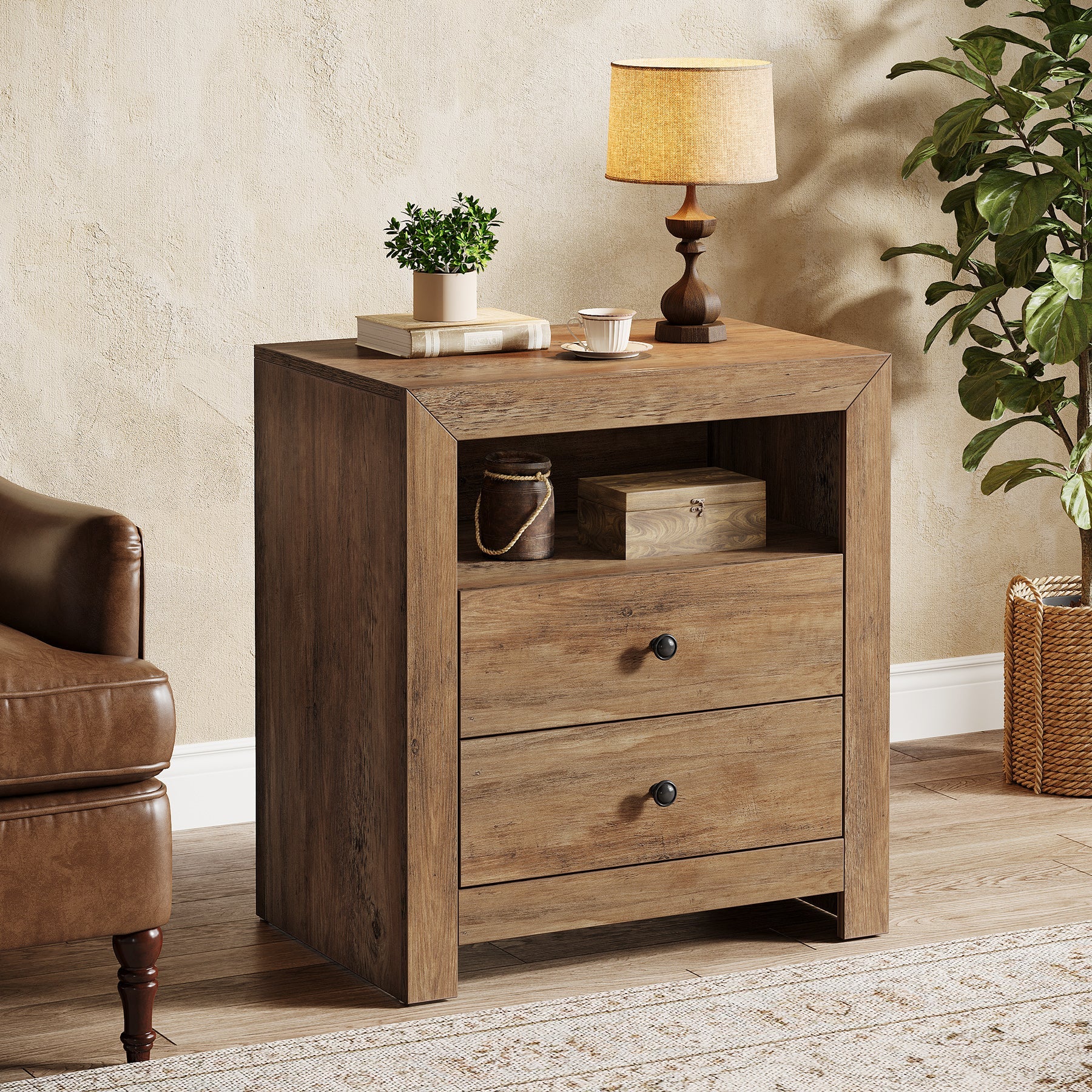 23.6 Inch Rustic Nightstand with 2 Storage Drawers - Wooden Bedside Table for Bedroom, Living Room & Office - Compact End Table with Ample Storage Space