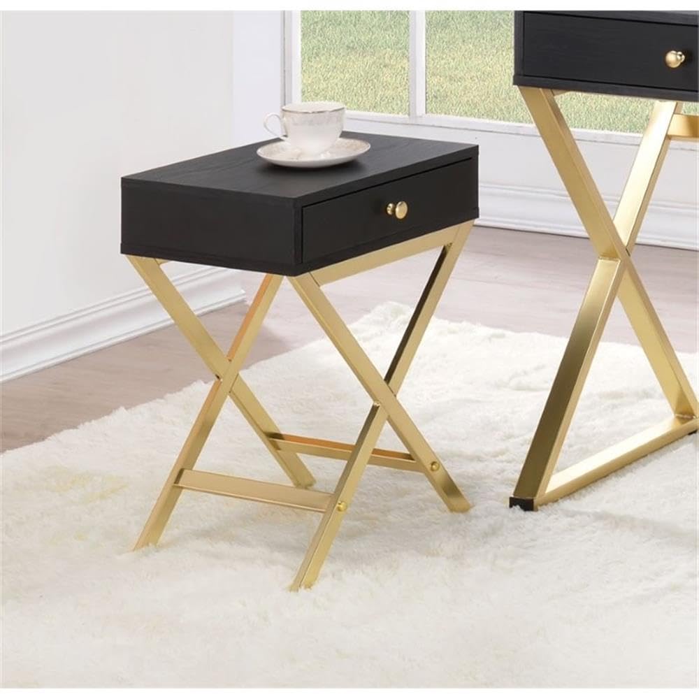 Acme Coleen 1-Drawer Metal Tube End Table - Black & Brass Nightstand for Bedroom, Living Room & Office - Modern Side Table with Storage