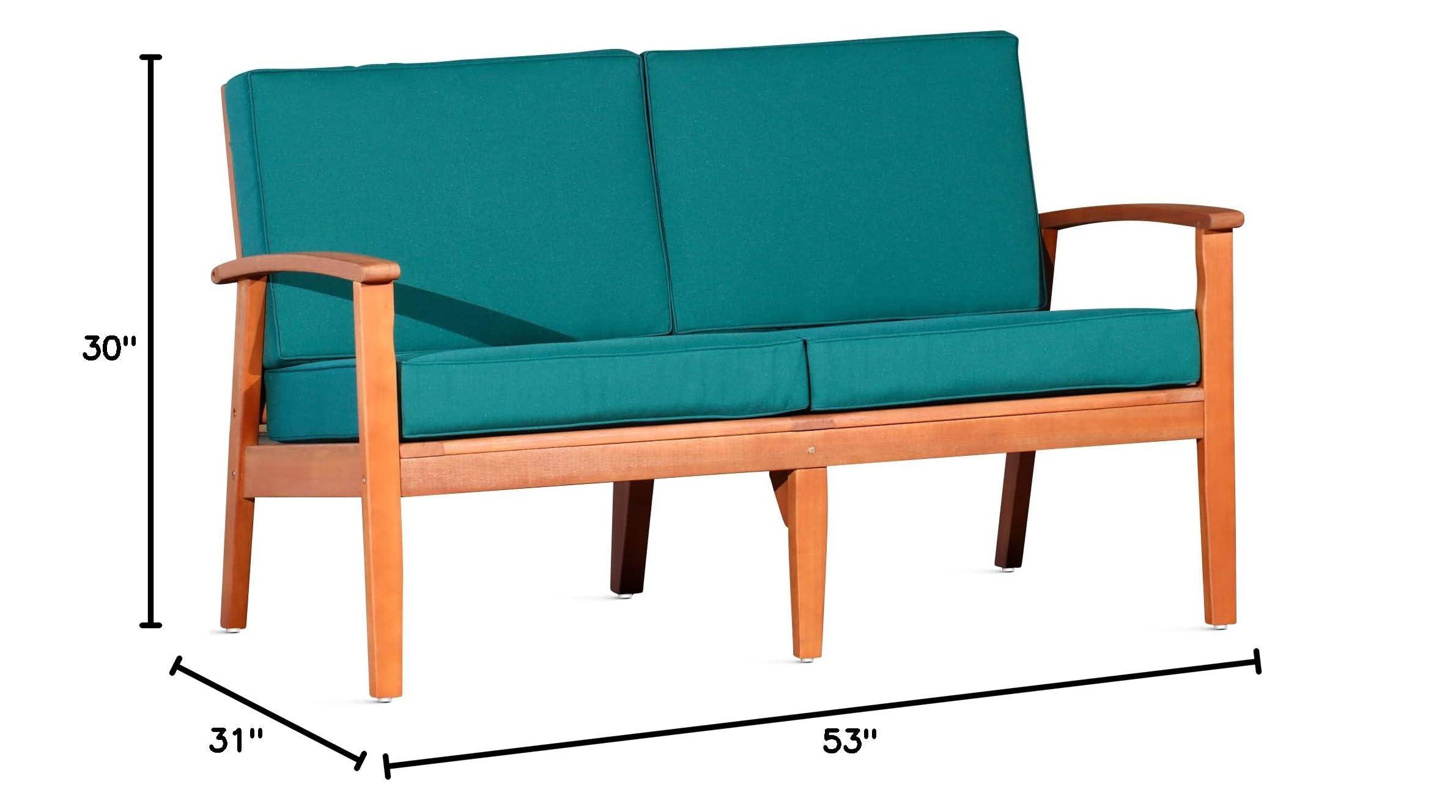 DTY Outdoor Living Longs Peak Eucalyptus Wood Loveseat with Waterproof Cushions - Natural Oil Finish, Dark Green Patio Furniture for Garden, Deck, Poolside & Backyard Relaxation