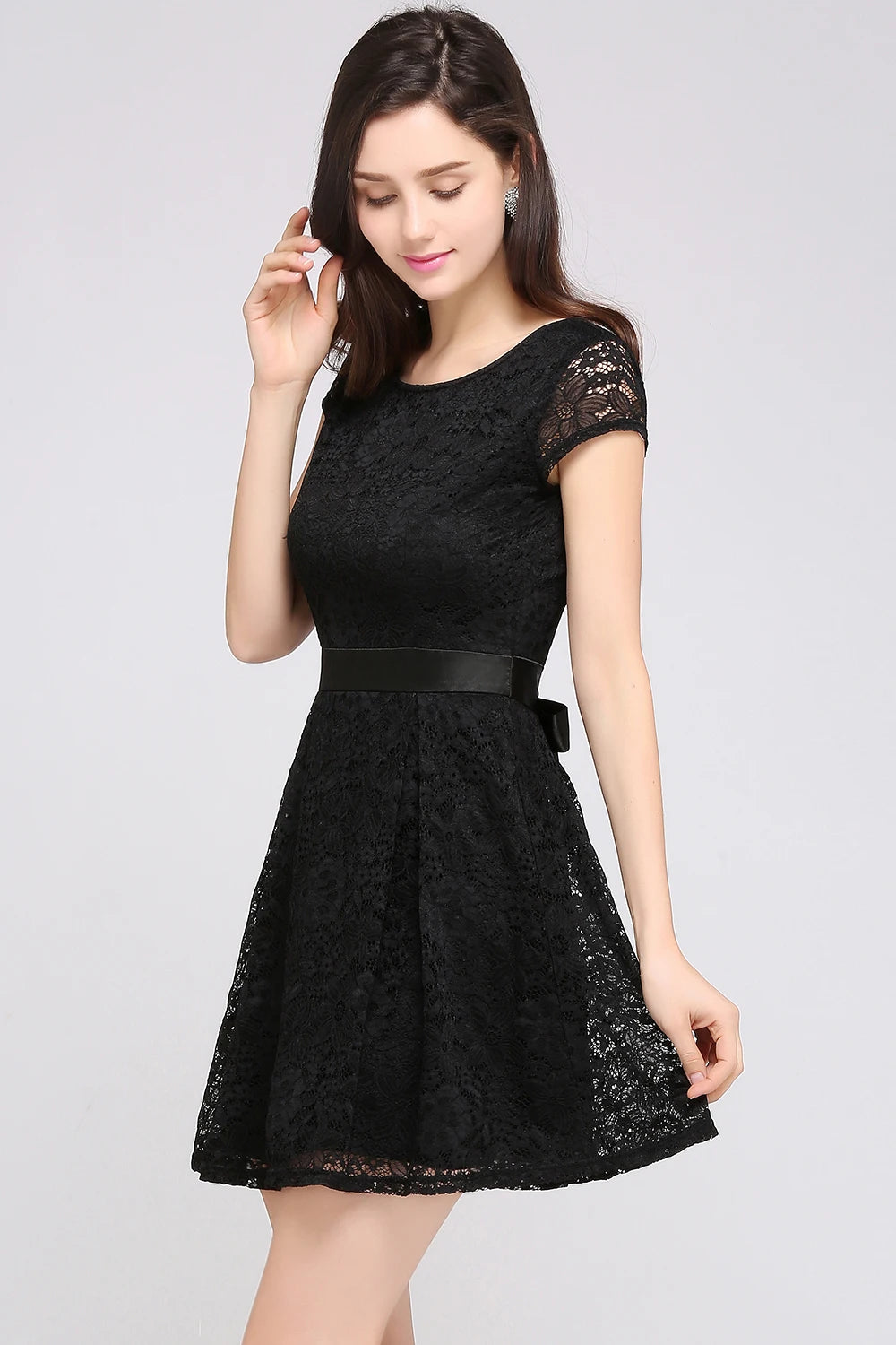 Elegant Black Lace Cocktail Dress with Belt - Mini A-Line V-Back Party Gown for Women | Perfect for Evening Parties, Weddings & Special Occasions