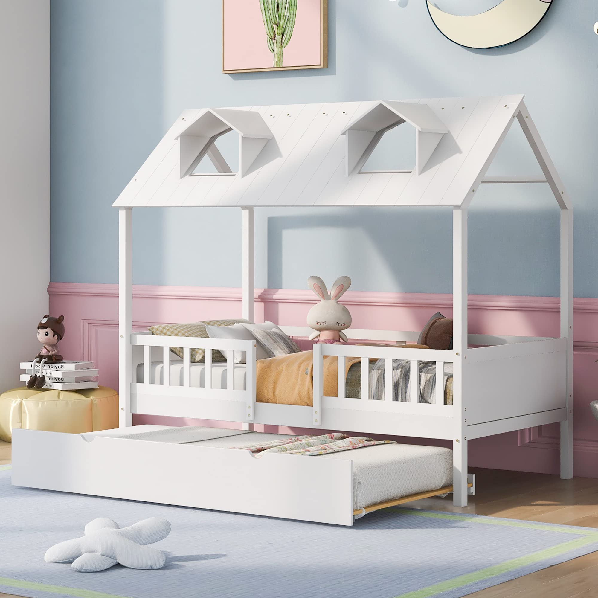 Merax Twin Size Wooden House Bed with Trundle, Fence & Roof - Kids Playhouse Bunk Bed for Bedroom Decor (White) | Perfect for Children's Rooms, Playrooms & Sleepovers