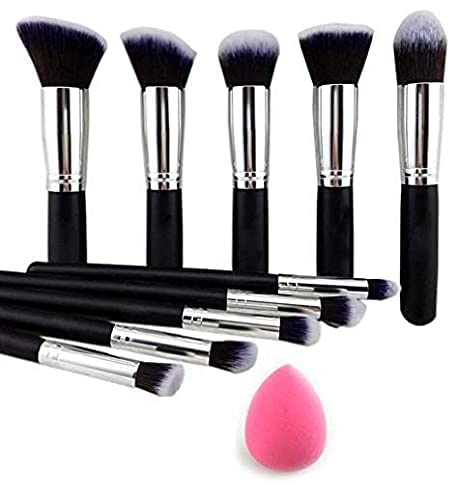 Soft Bristle 10-Piece Black Makeup Brush Set with Pink Beauty Blender - Perfect for Professional & Home Makeup