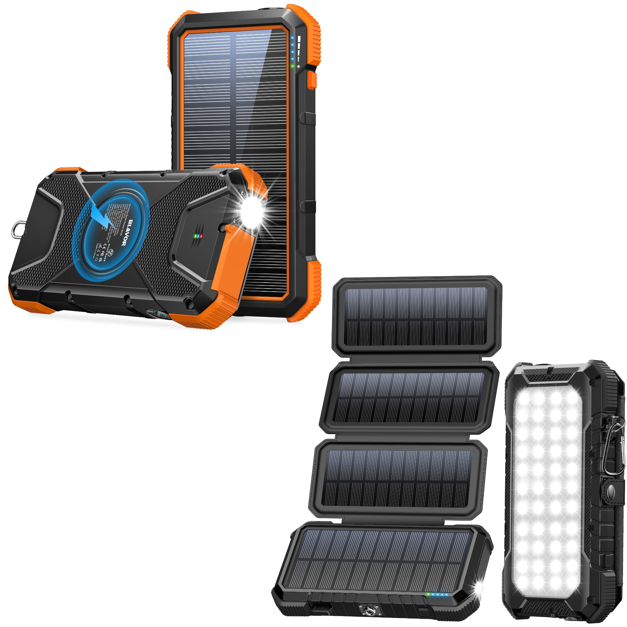 20,000mAh Solar Phone Charger 2-Pack - 18W PD Fast Charging with Wireless & Foldable Solar Panel (W12-Orange, W12Pro-Black) | Portable Power Bank for Camping, Hiking, Travel & Emergency Power Outages